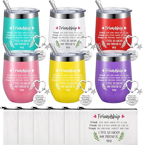 Miniatura 8 de Sliner Paquete de 6 vasos de vino de Navidad con texto en inglés "Good Friends Are Like Stars", bolsa de maquillaje de lona de amistad de 12 onzas y