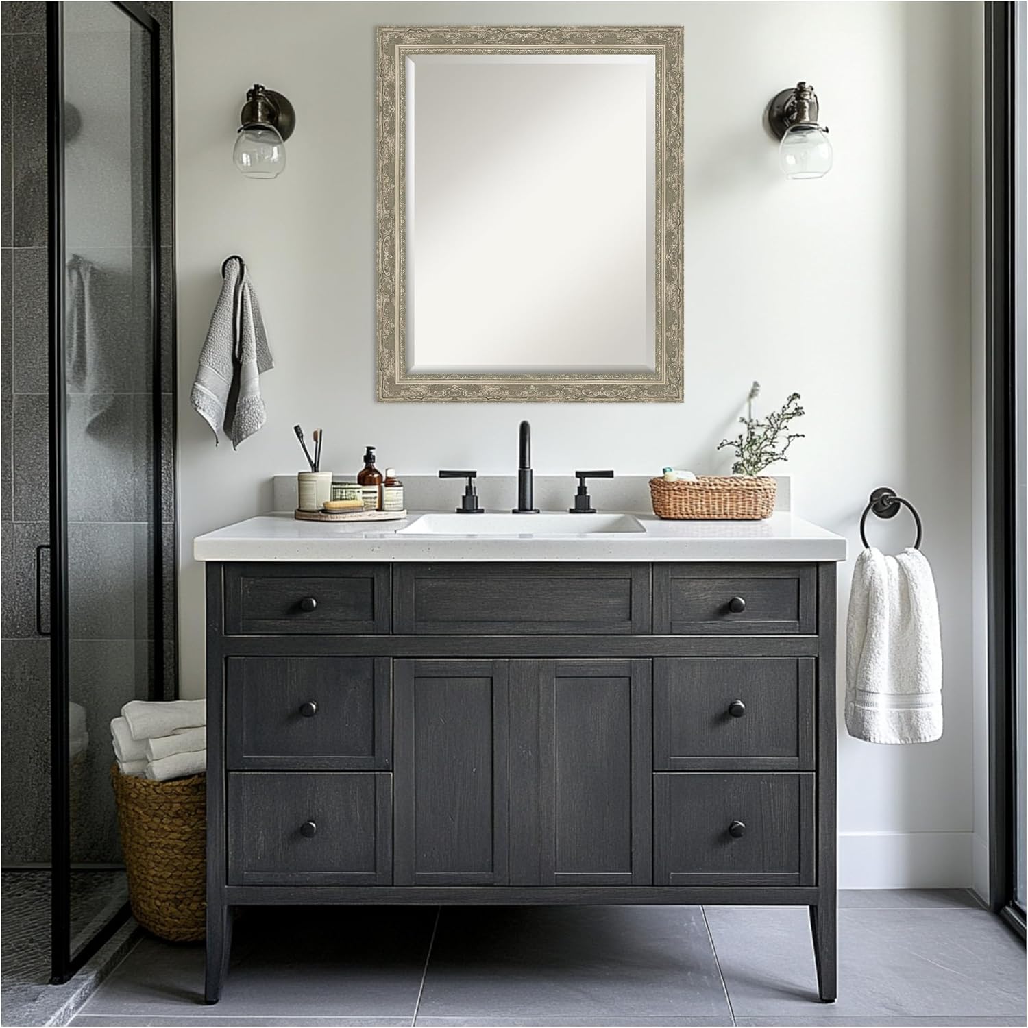 Amanti Art Silver Bathroom Mirror for Over Sink, 26x32 Filigree Silver Rectangle Vanity Mirror, Large Traditional Frame, Hangs Horizonally and Vertically, Bathroom Wall Decor, Beveled Edge