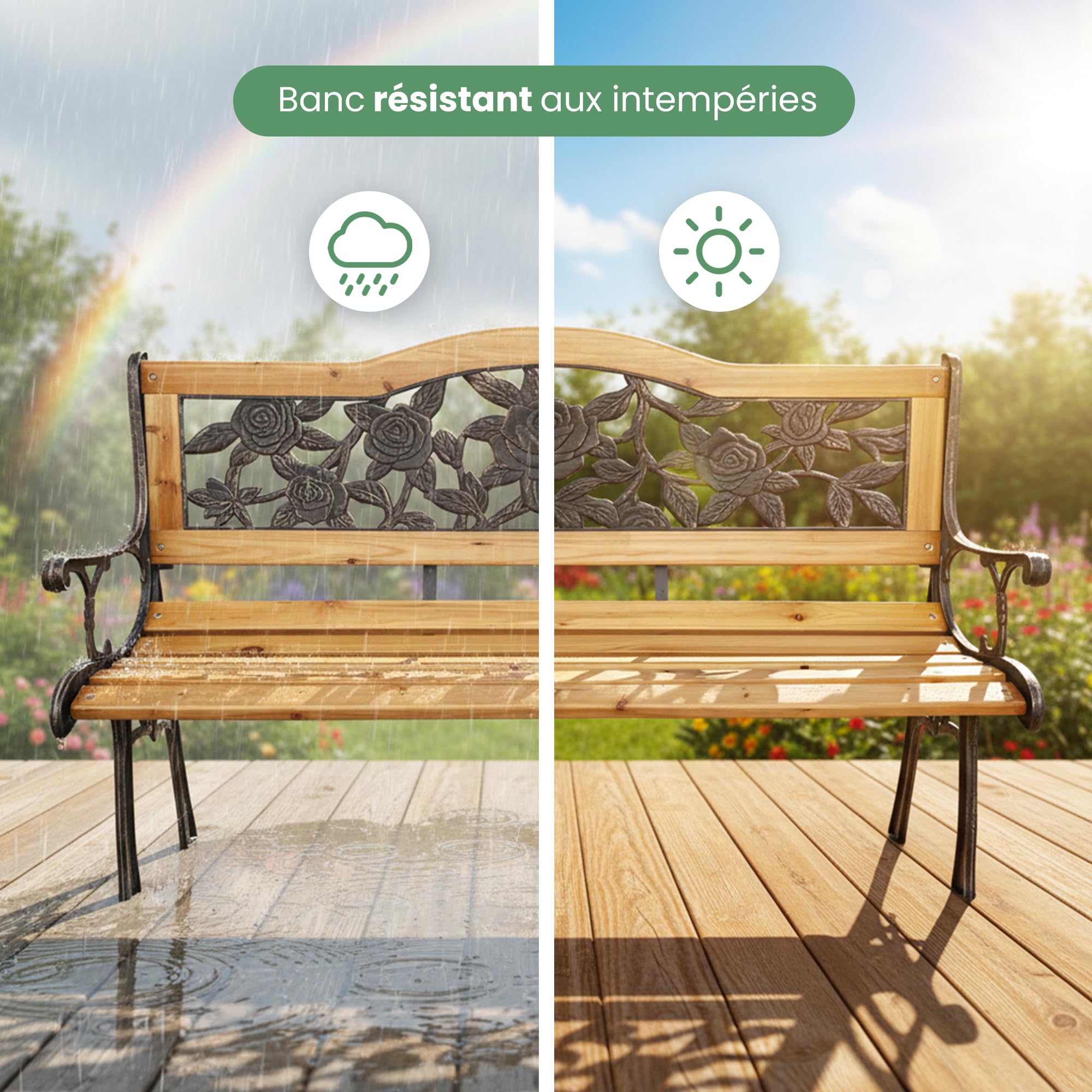 AKORD Banc de jardin rose avec pieds en fonte et bois verni | Banc d'extérieur | Bancs extérieurs avec accoudoir | Bancs modernes résistants aux intempéries | Largeur 118 cm | Marron