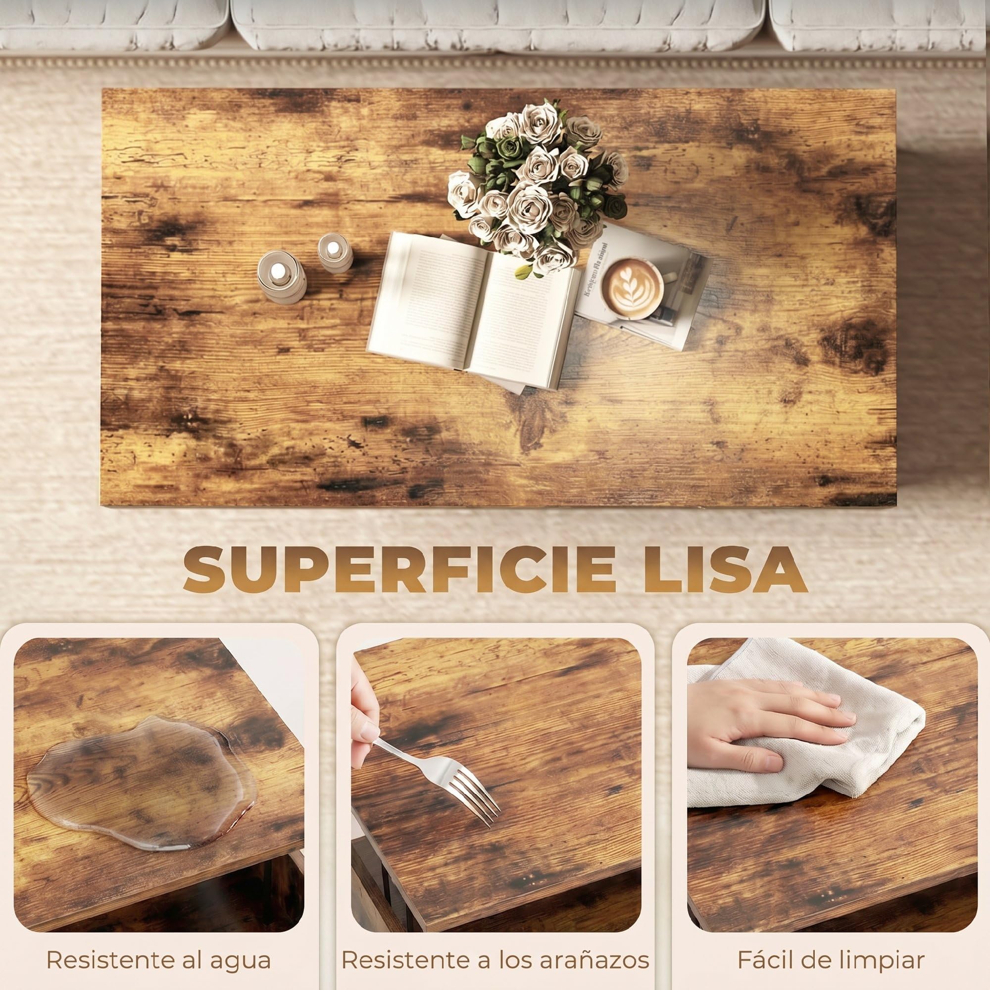HOMCOM Mesa de Centro Elevable, Mesa de Café para Salón con Compartimento Oculto, Patas de Acero para Sala de Estar, Comedor, 95x50x40 cm, Marrón Rústico