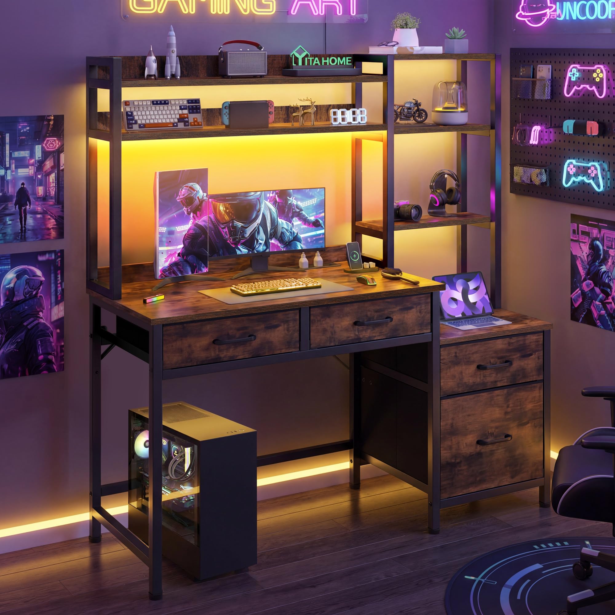 YITAHOME Computer Schreibtisch mit Schubladen, 128 x 50 x 150 cm Computertisch Aufbewahrungen & Regale, Gaming Tisch Arbeitsstationen mit LED Licht & Steckdosen, Home Office Eckschreibtisch, Braun
