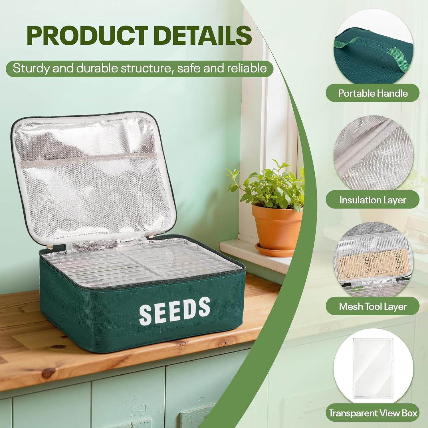 22 Slots Seed Storage Organizer Box with 30 Seed Envelopes & 84 Labels, Large Capacity Seed Packet Organizer Case, Waterproof Oxford Fabric Seed Vault Container for Garden Seed Organizer, Green