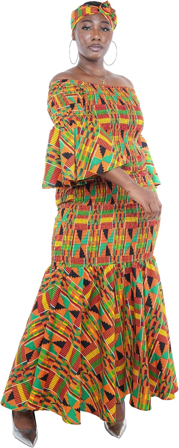 Women's Long African Dress Ankara Print | Cotton Clothing Smoked Fish Tail Mermaid with Matching Headwrap, Fade Resistant Elastic Smoked Bodice Kente Afrocentric Dress - One Size Multi