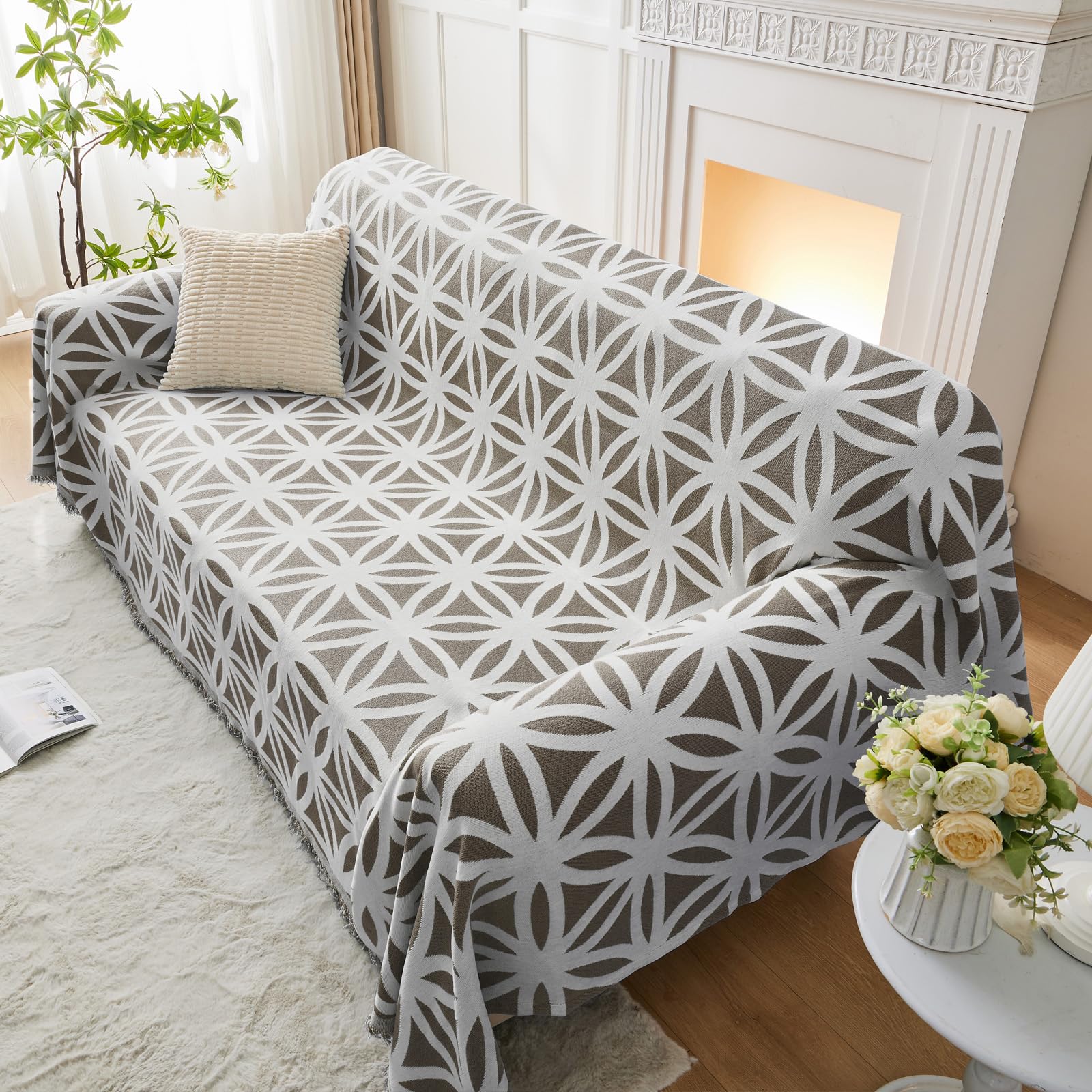 LOMAO Couch Cover Sofa Covers for 3 Cushion Sectional Couch Covers L Shape Couch Cover with Tassel Sofa Protector Washable Reversible Chenille Sofa