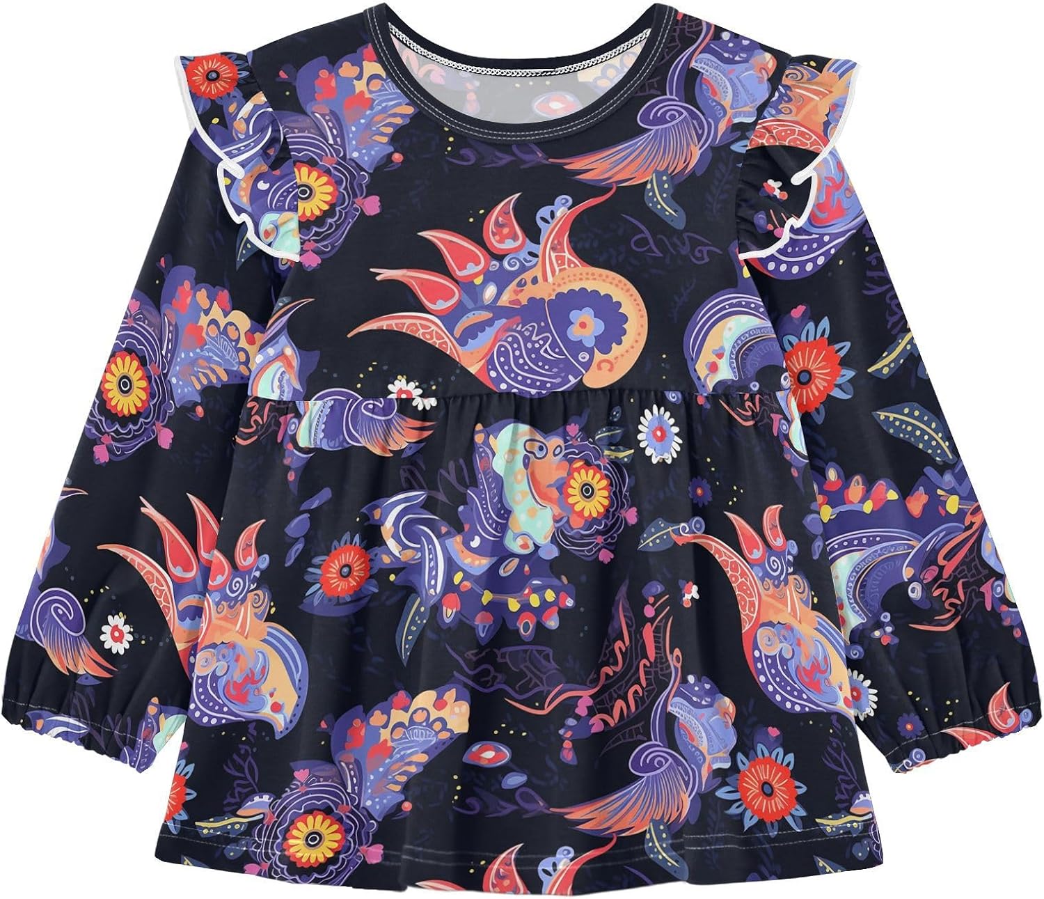 visesunny Toddler Clothes for Girls Mysterious Bird Totem Pattern Long Sleeve Fall Shirts Cotton Top with Ruffle Collar