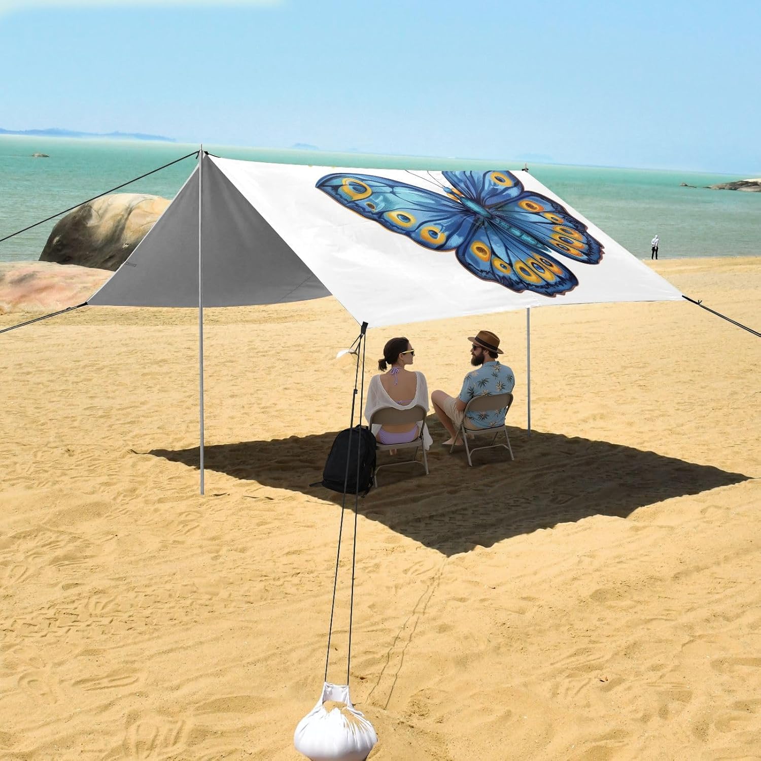 ALAZA Blue & Golden Butterflies Beach Tent Sun Shelter UPF50+ Protection Beach Shade Canopy w/ 4 Sandbags for Outdoor Camping, Fishing, Backyard Fun, Picnic, 10x9 ft