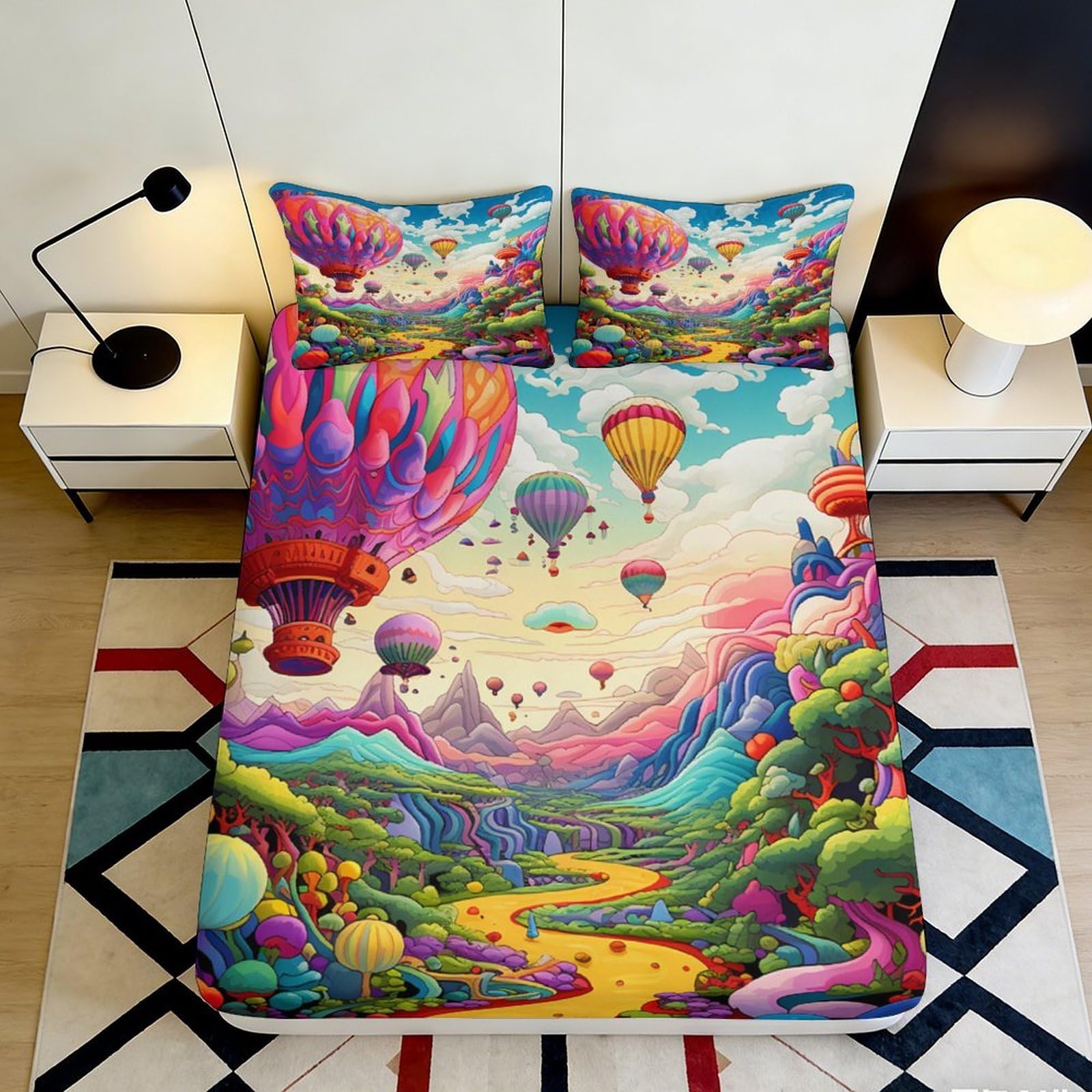 Pnayamiorkfel Style-1 3D Printed Hot Air Balloon Landscape Fitted Sheet Microfiber Mattress Cover For Bedroom Guest Room Easy Care Decor 90X200x25cm