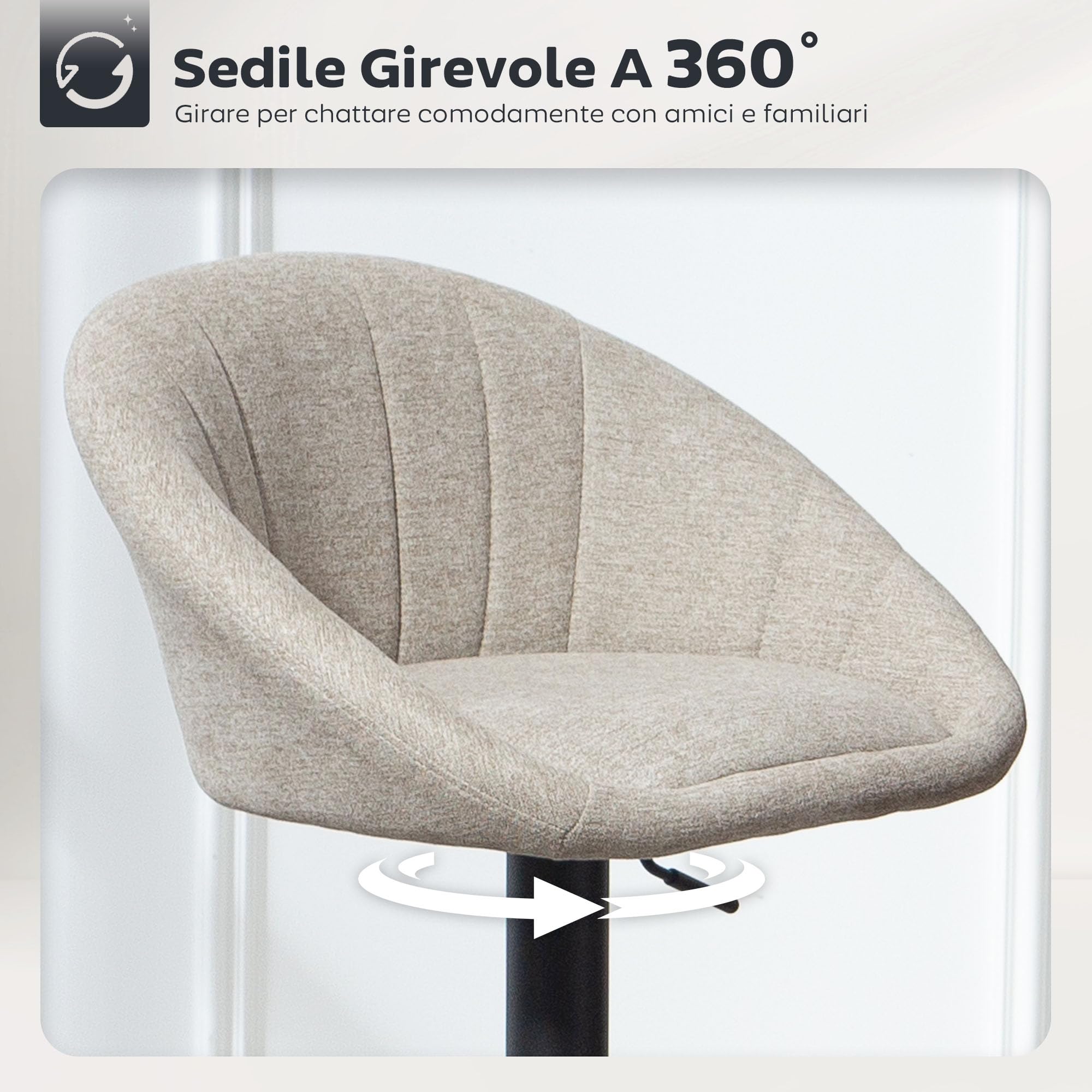 HOMCOM Set 2 Sgabelli Bar con Schienale e Braccioli, Altezza Regolabile, Sgabelli Cucina Girevole a 360° con Poggiapiedi Integrato, Sedie Bar Alte in Tessuto, per Soggiorno, Sala da Pranzo, Beige
