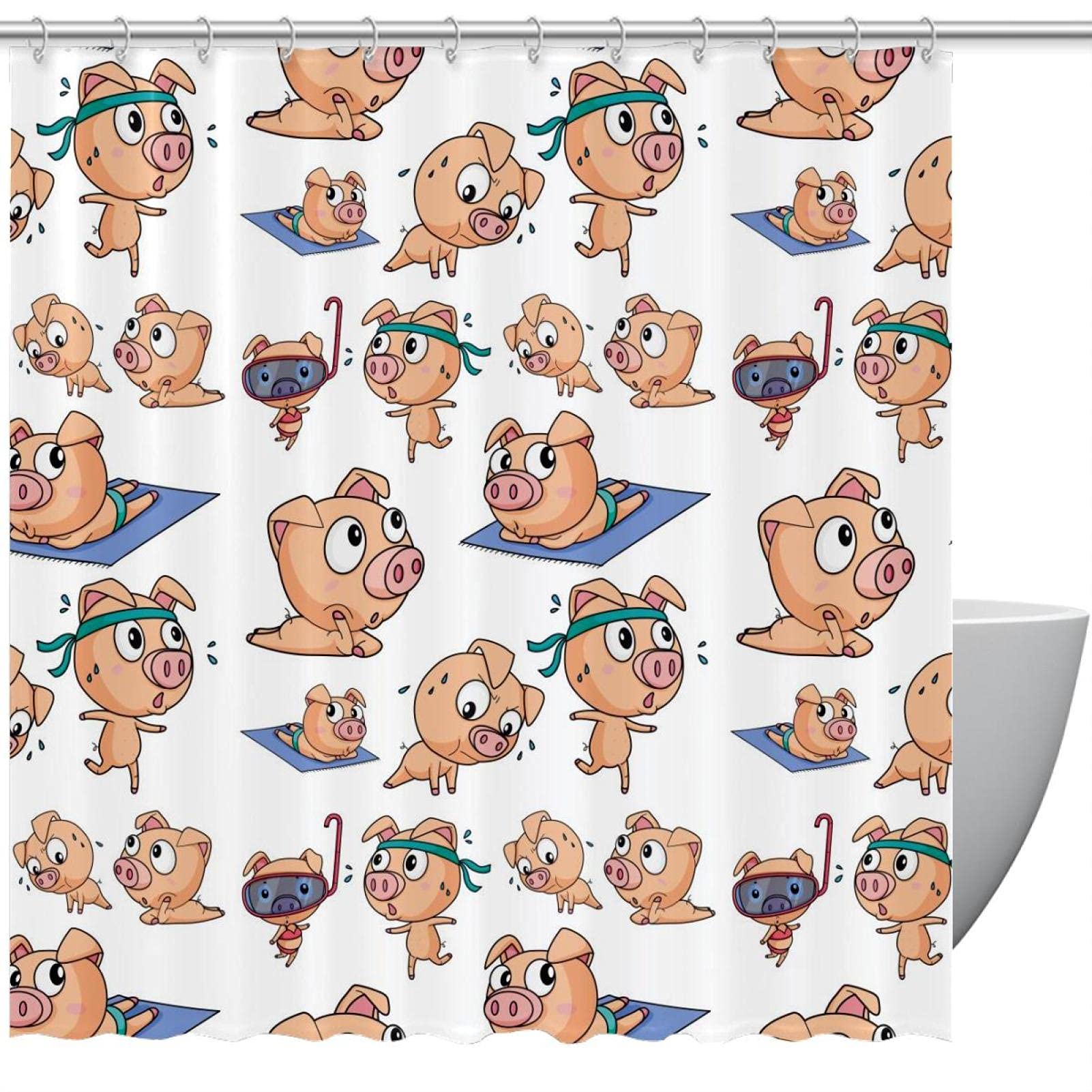 Rideau de douche motif cochon rigolo et crochets de suspension inclus