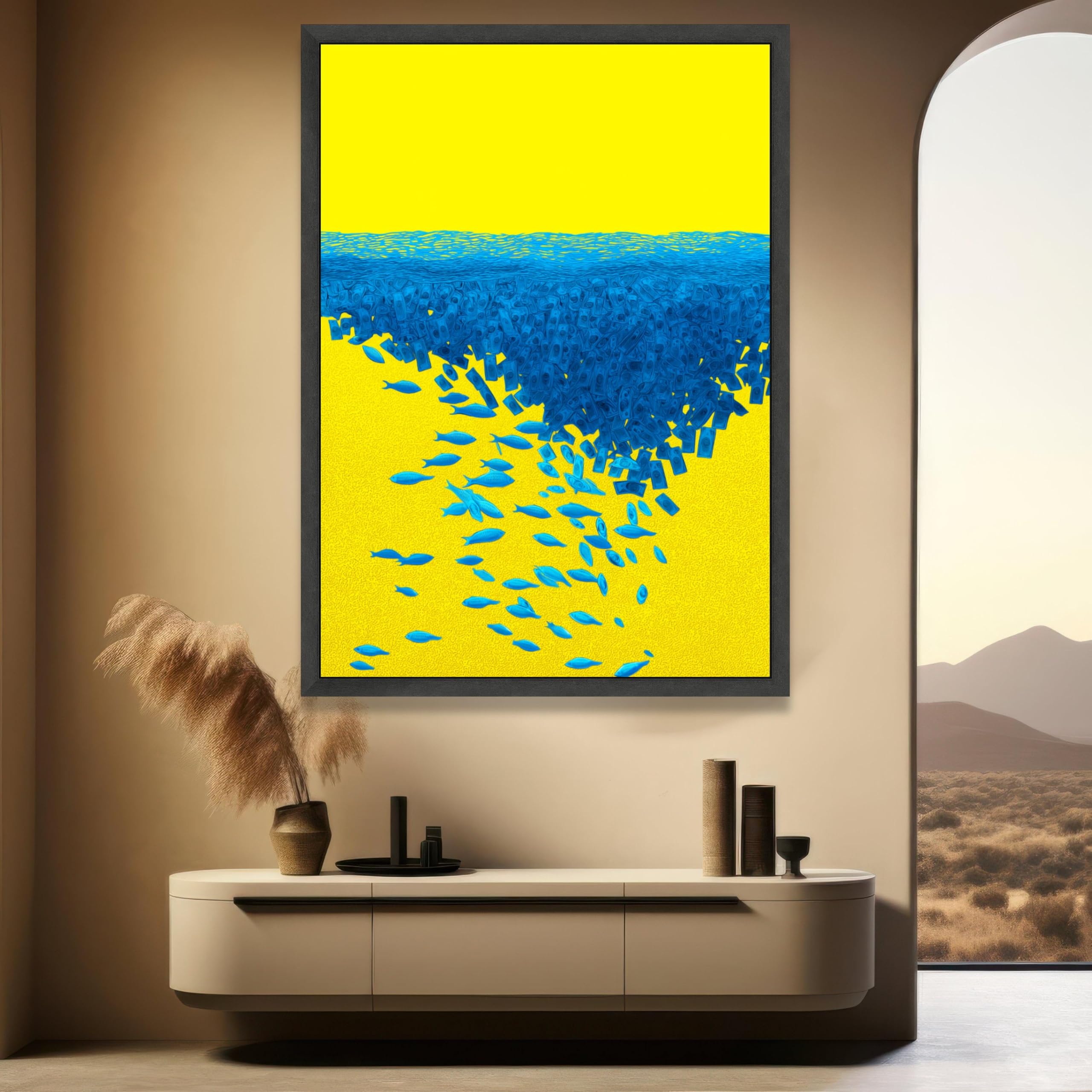 XINBAO Abstrakcyjne płótno z niebieską rybką i srebrem na żółtym, surrealistyczna scena morska, dekoracja ścienna (70 x 100 cm z ramą wewnętrzną)