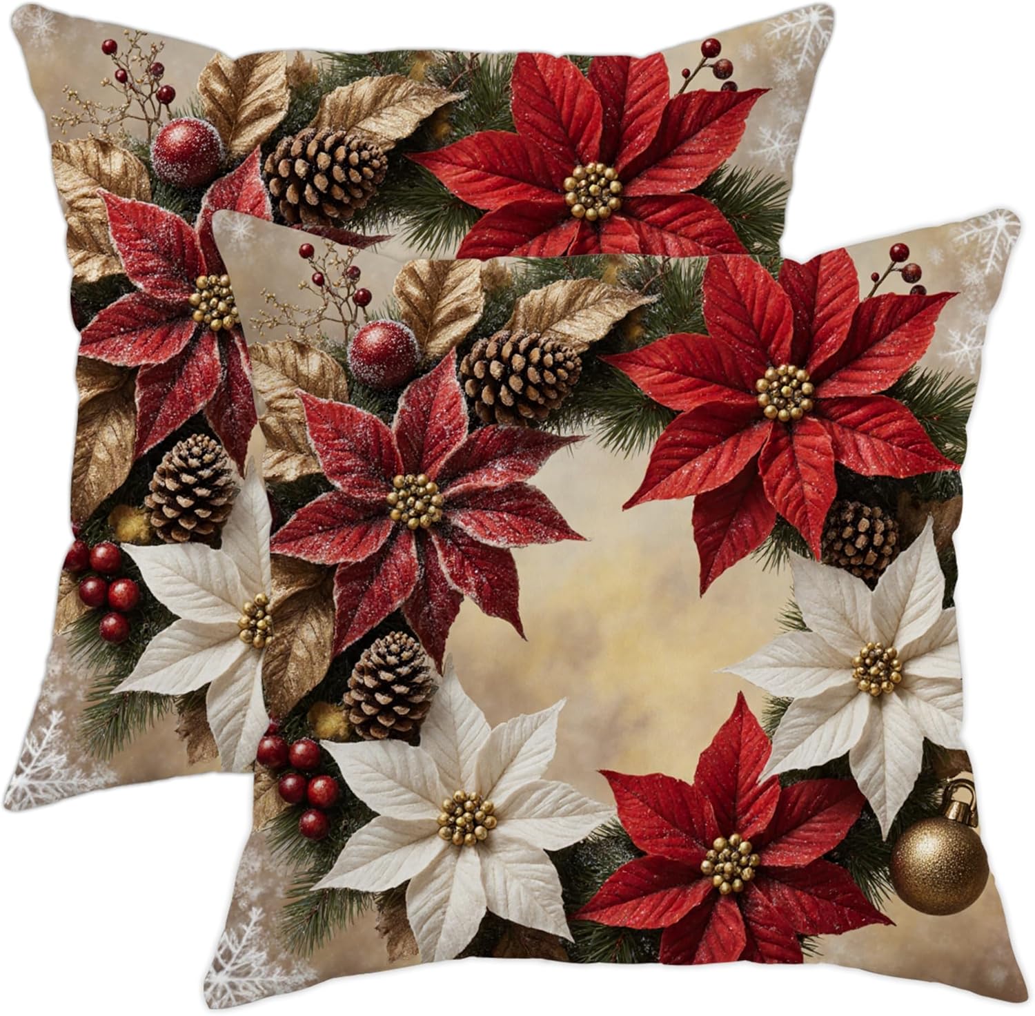 Poinsettia Throw Pillow Covers Set of 2, Christmas Festive Pinecones Berry Christmas Red Soft Velvet Washable Pattern Pillow Covers for Living Room Apartment Bed Sofa Decor 28x28 Inch