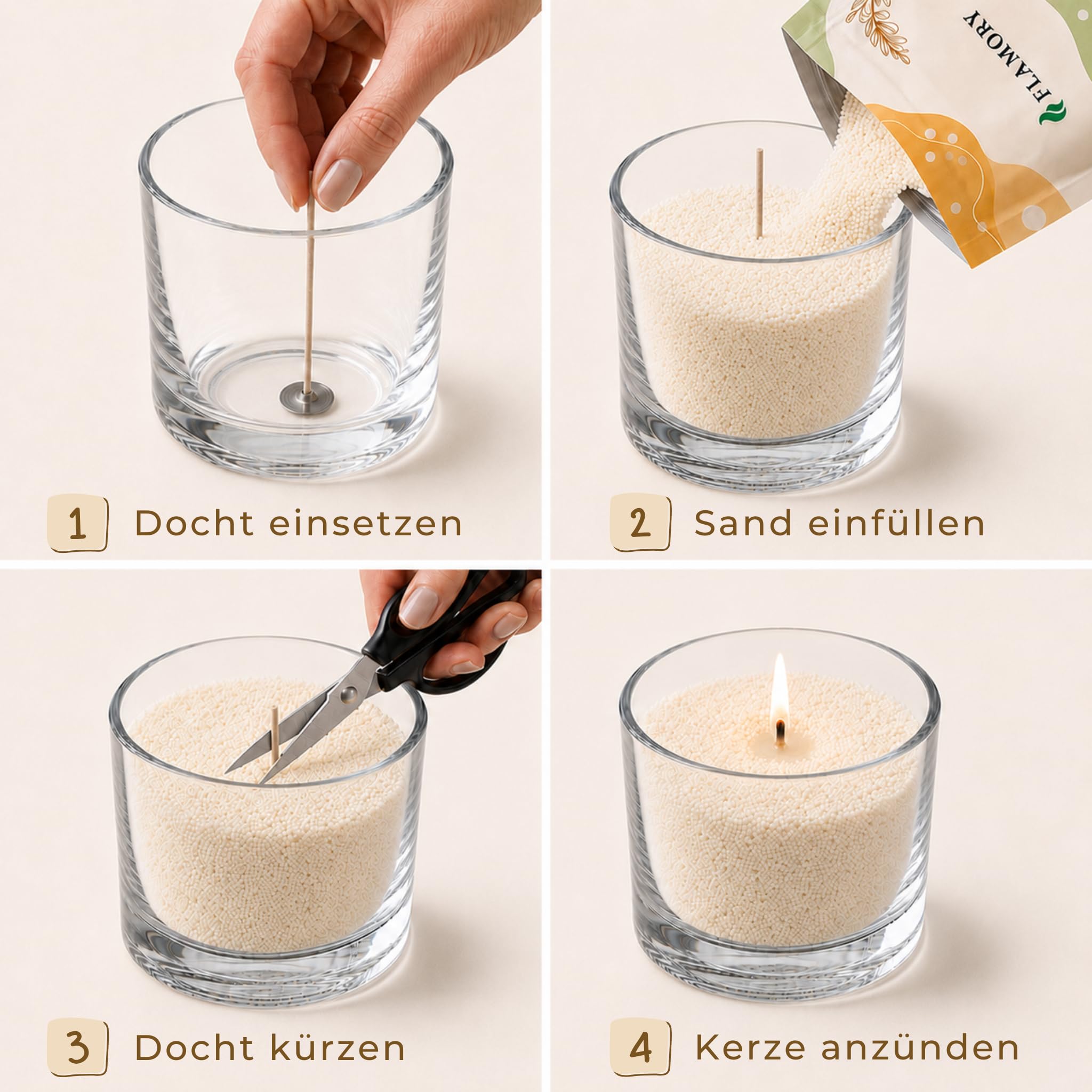 Geschenkset Elegance Kerzensand mit Duft 4x150g inkl. 12 Dochte | 96h Brennzeit. Pflanzenwachs, ohne Paraffin, rußarm. Vegan und nachfüllbar. Kerzensand mit Docht und Duft.