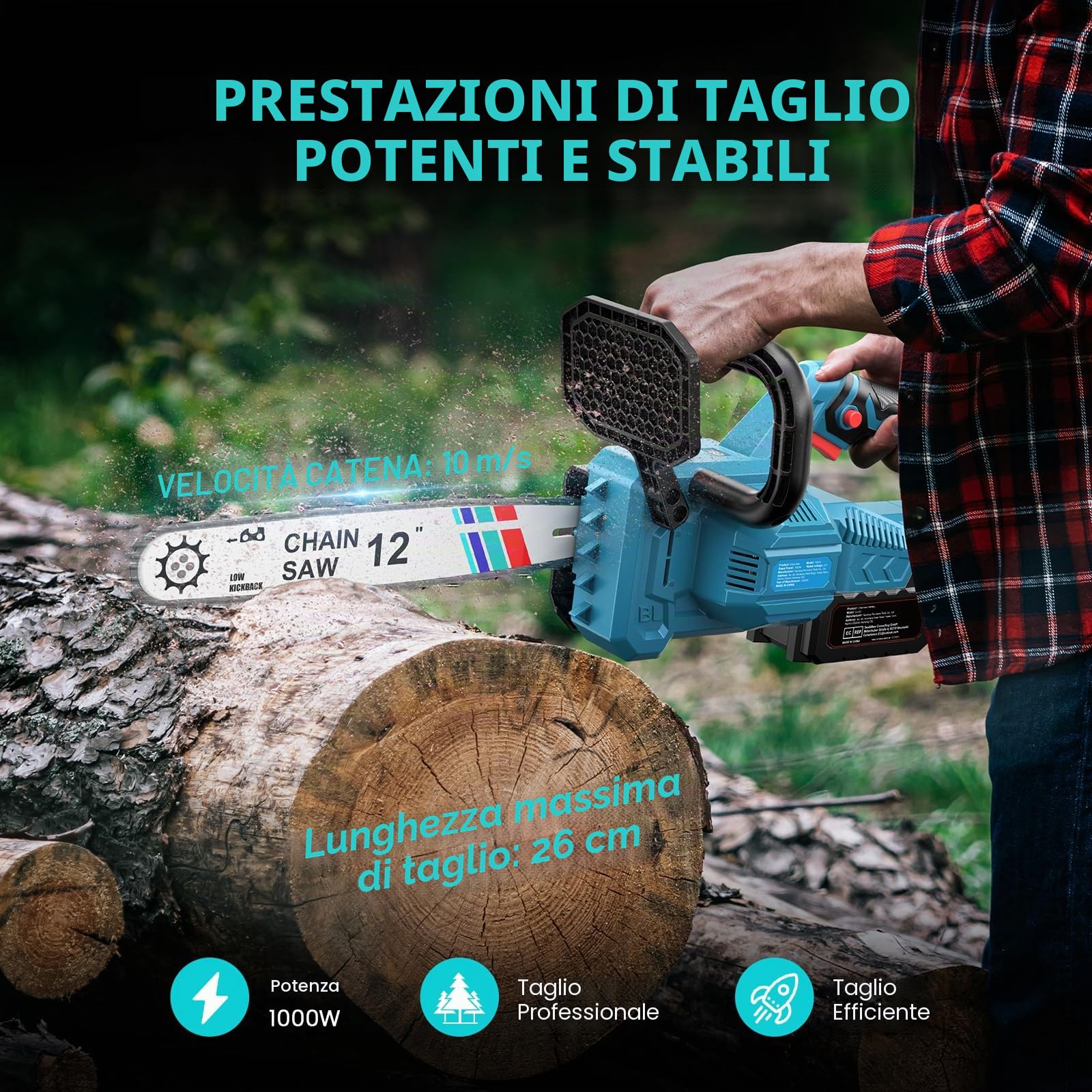 Motosega a Batteria 12" Brushless 1000W, Motosega Elettrica con Lubrificazione Automatica e Tensionamento Rapido Senza Utensili,Compatibile con Batteria Makita 18V LXT, 2x4000mAh per Potatura e Taglio