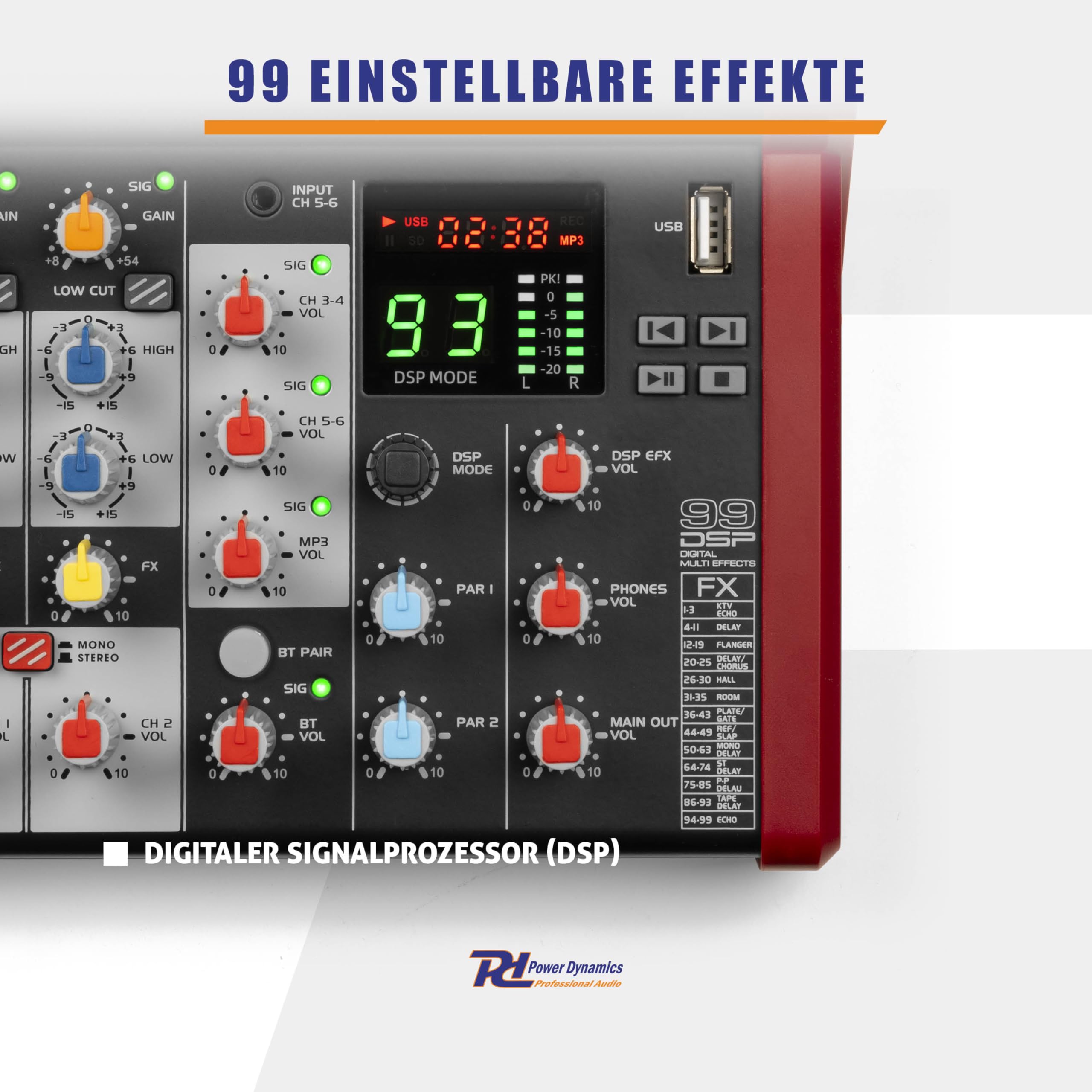 Power Dynamics PDM-Y601 6-Kanal Audio Mixer Mischpult Bluetooth, 48V Phantom Power, Soundboard PC, USB MP3 Audiomischpult Studio, Aufnahmen, 99 DSP Effekte, 24bit, 48kHz, Klinke, XLRY