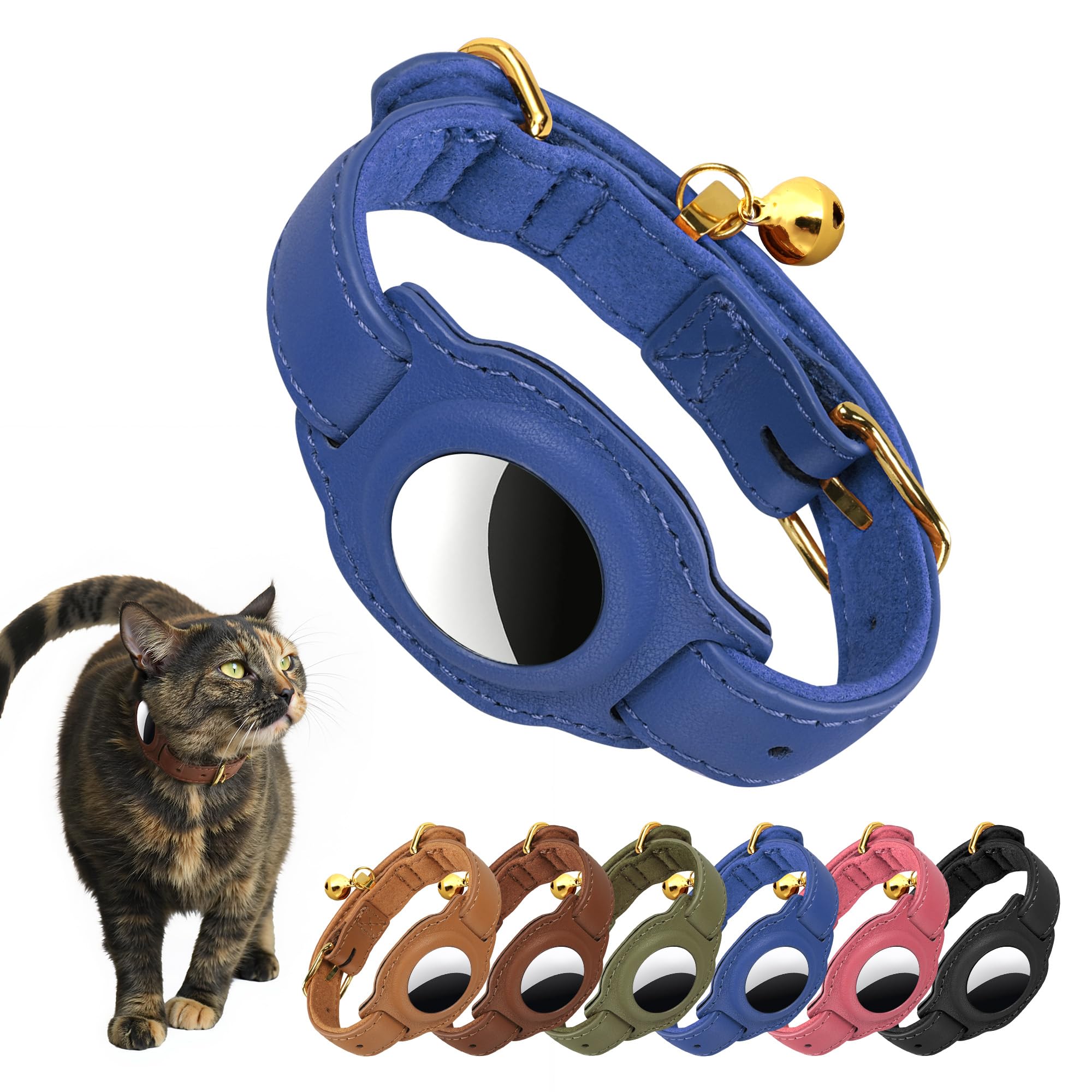 Jowlroel AirTag Cat Collar with Bell & Fabric Liner - Pet Collar Leather Cat Collar - Non Breakaway Leather Kitten Collar with AirTag Holder - GPS Cat Collars for Boy Cats, Girl Cats (Blue)
