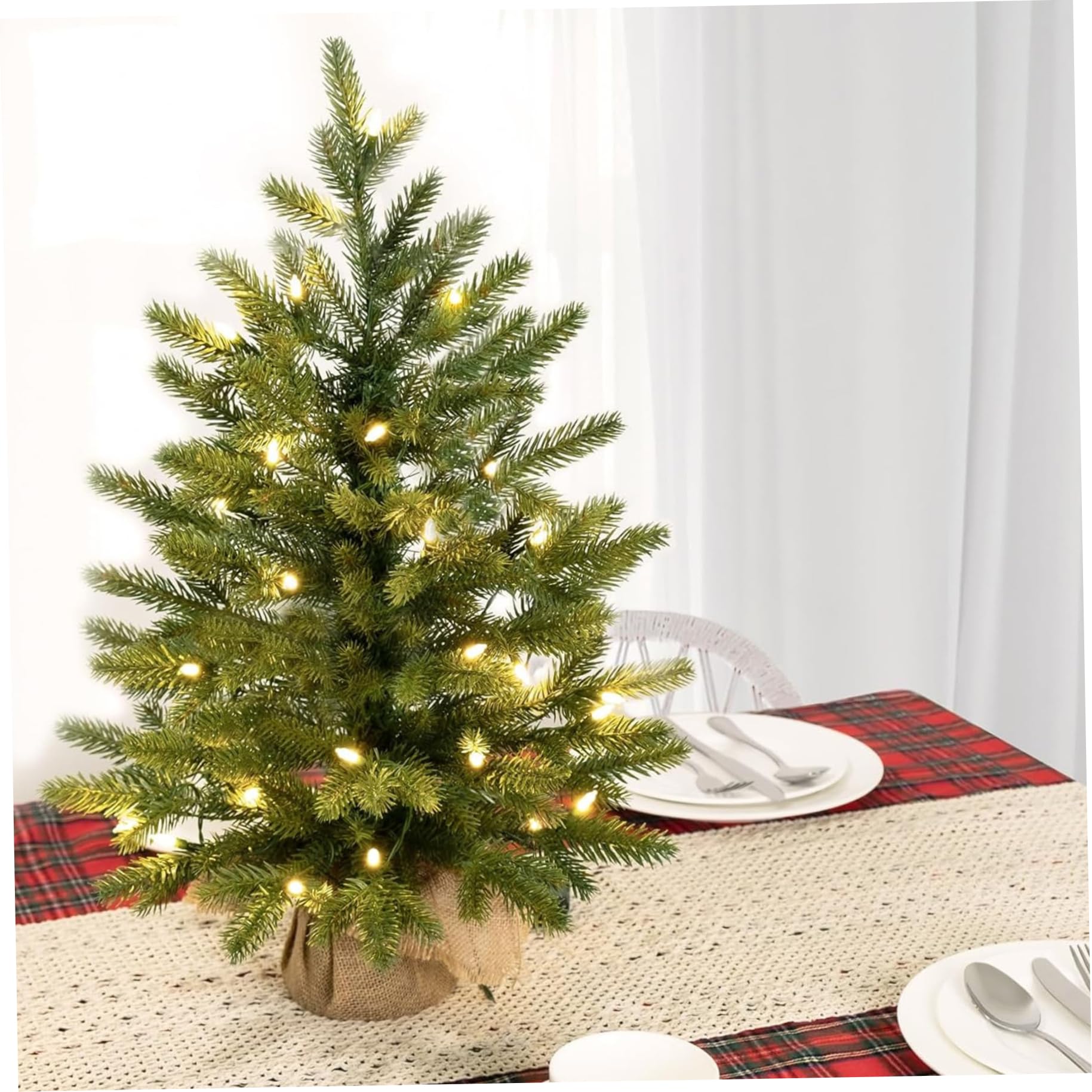 Piccolo albero di Natale con luci Decorazioni da tavola natalizie floccate realistiche da 18 pollici squisite per casa, ufficio, negozio