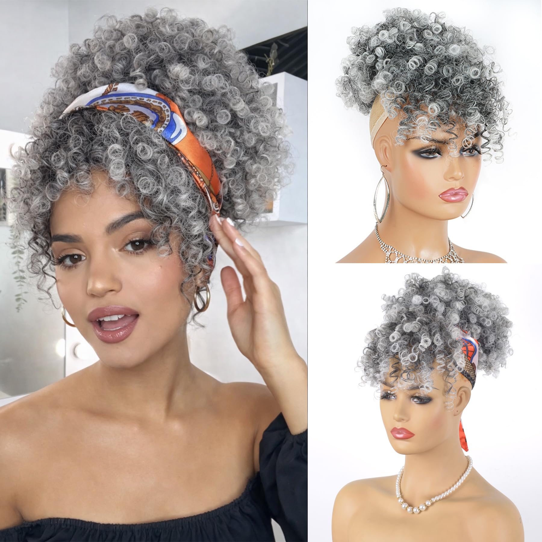 Long Curly Synthetic Ponytail Extension 22in Afro Kinky Drawstring Gray Women Ombre Grey Afro Puff Drawstring Ponytail | Natural Kinky  main image 2