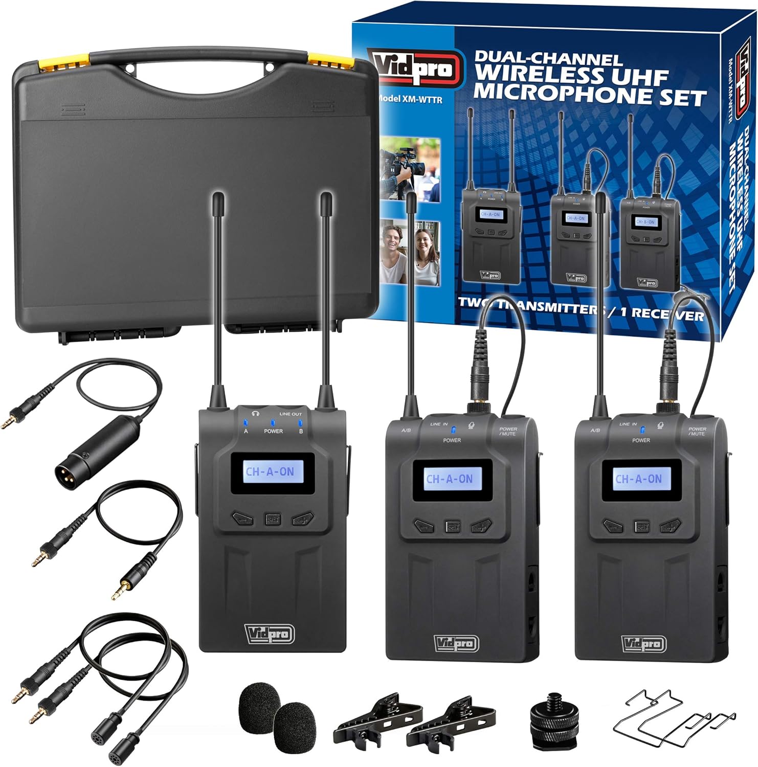 Vidpro XM-WTTR Dual Channel UHF Wireless Lavalier Microphone Set with 2 Transmitter Body-Packs and 1 Receiver Unit Combining Audio Streams in 2-Person Interviews, ENG/EFP and DSLR Video Recording