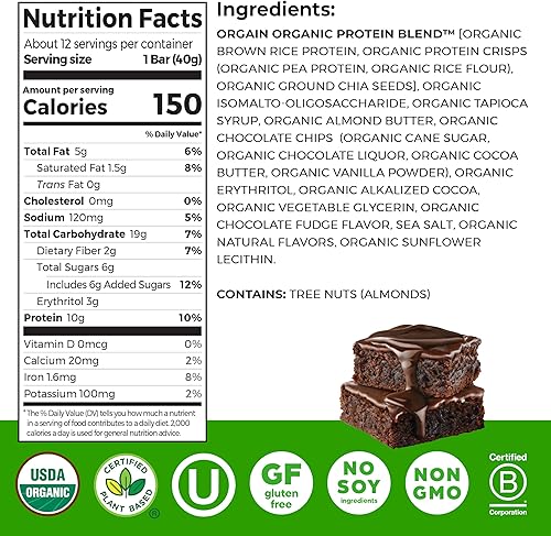 Miniatura 2 de Orgain - Barra proteica orgánica vegetal sabor brownie de chocolate - 035 oz 10 g de proteínas vegana Kosher sin gluten lácteos soja lactosa OGM 141