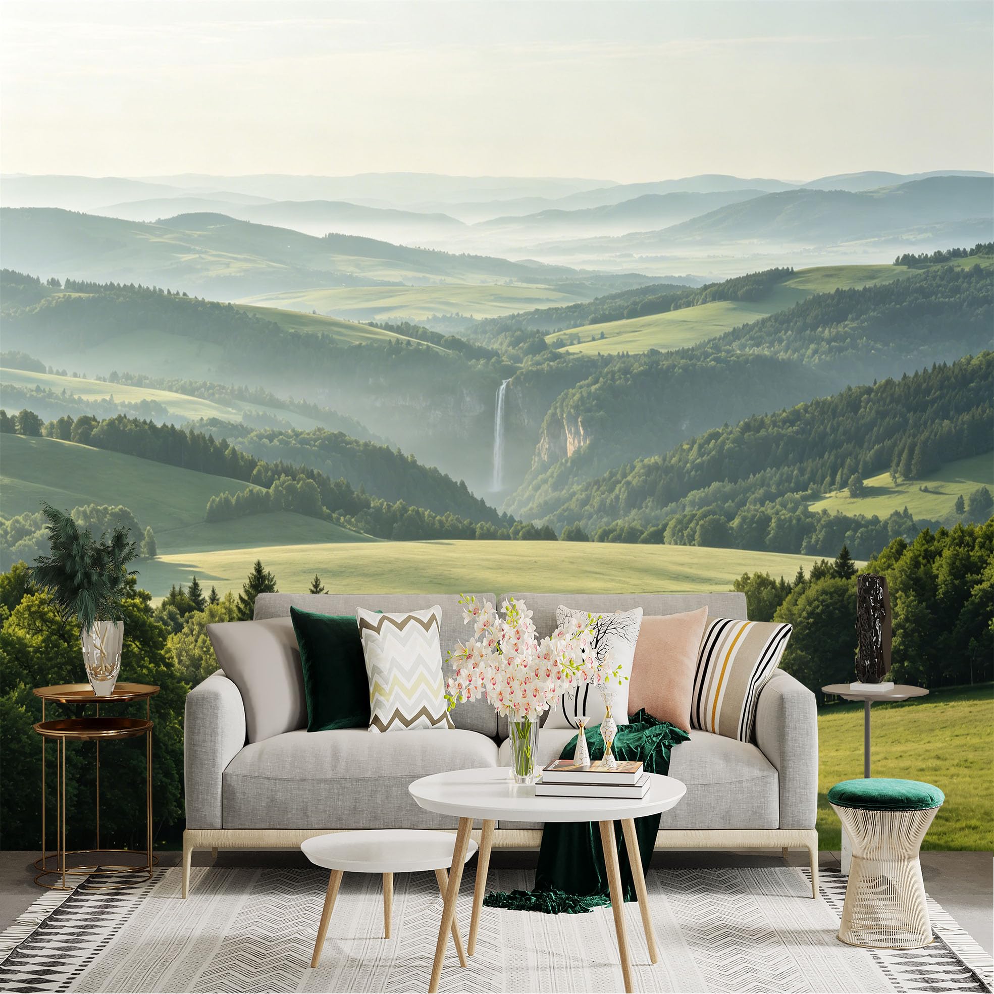 Lnzczhyre Dbh260521562 Custom Size Wall Sticker Mural， Misty Green Valley With Waterfall， Rolling Hills And Forest Scenery， For Wall Decoration， Peelandstick Wall Decals.