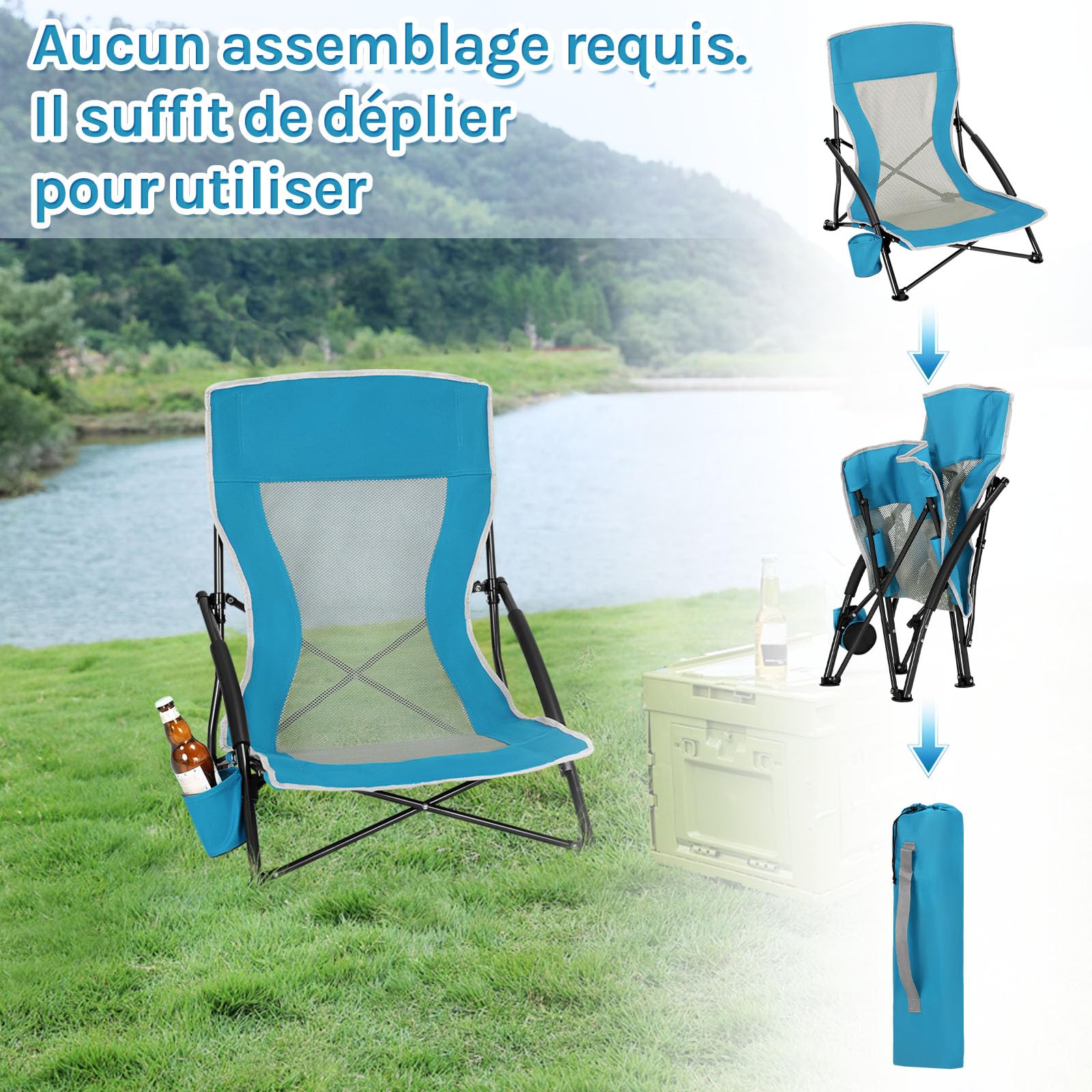 WOLTU Chaise de Plage Pliable, Lot de 2 Chaise Pliante Camping, Transat de Plage, Chaise de Pêche Portable, Fauteuil Pliant, avec Dossier en Maille, Porte-gobelet, Sac de Transport, Bleu