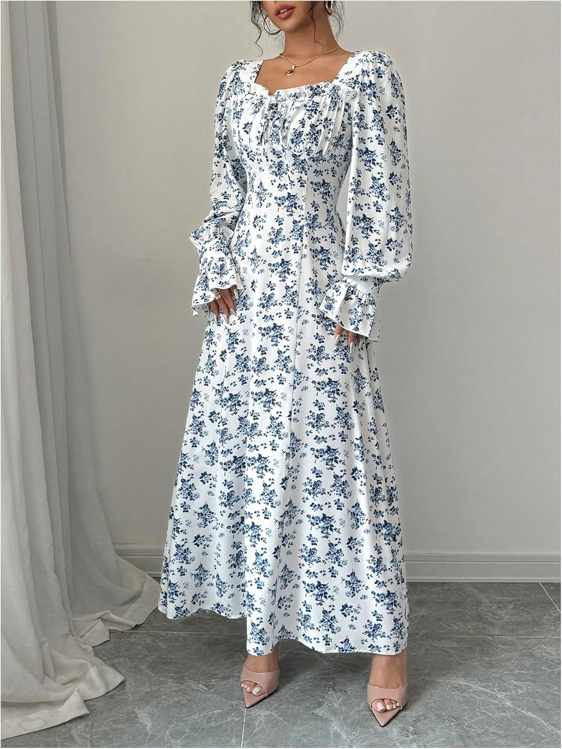 Floerns Women's Boho Floral Long Bell Sleeve Milkmaid Dress Smocked A Line Vacation Maxi Dresses - Image 2