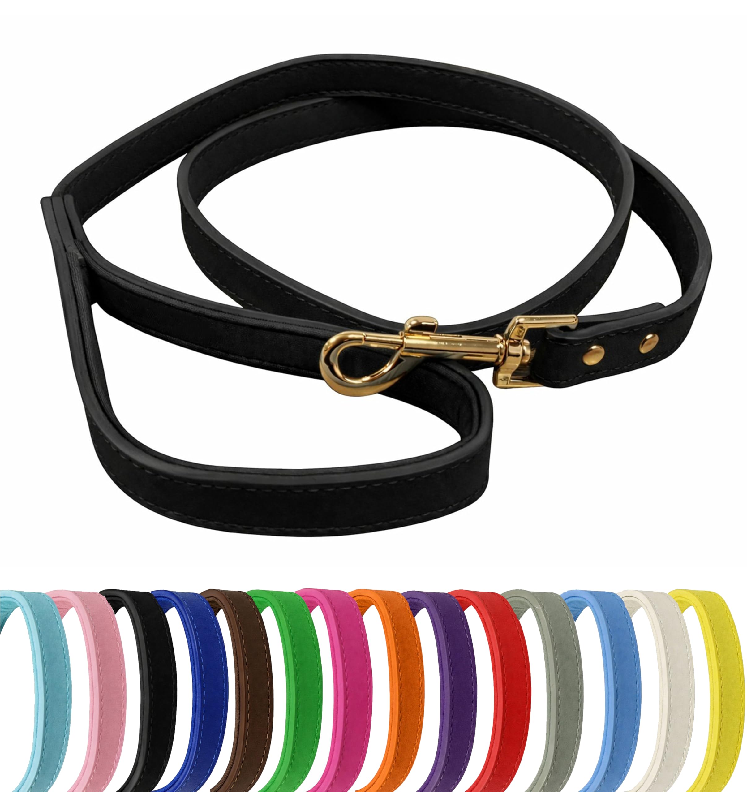 Vibrant Genuine Leather Dog Lead with Soft Neoprene Padded Handle & Metal 360° Swivel Clasp 120cm Leash (Black, Small (1.5cm Wide))