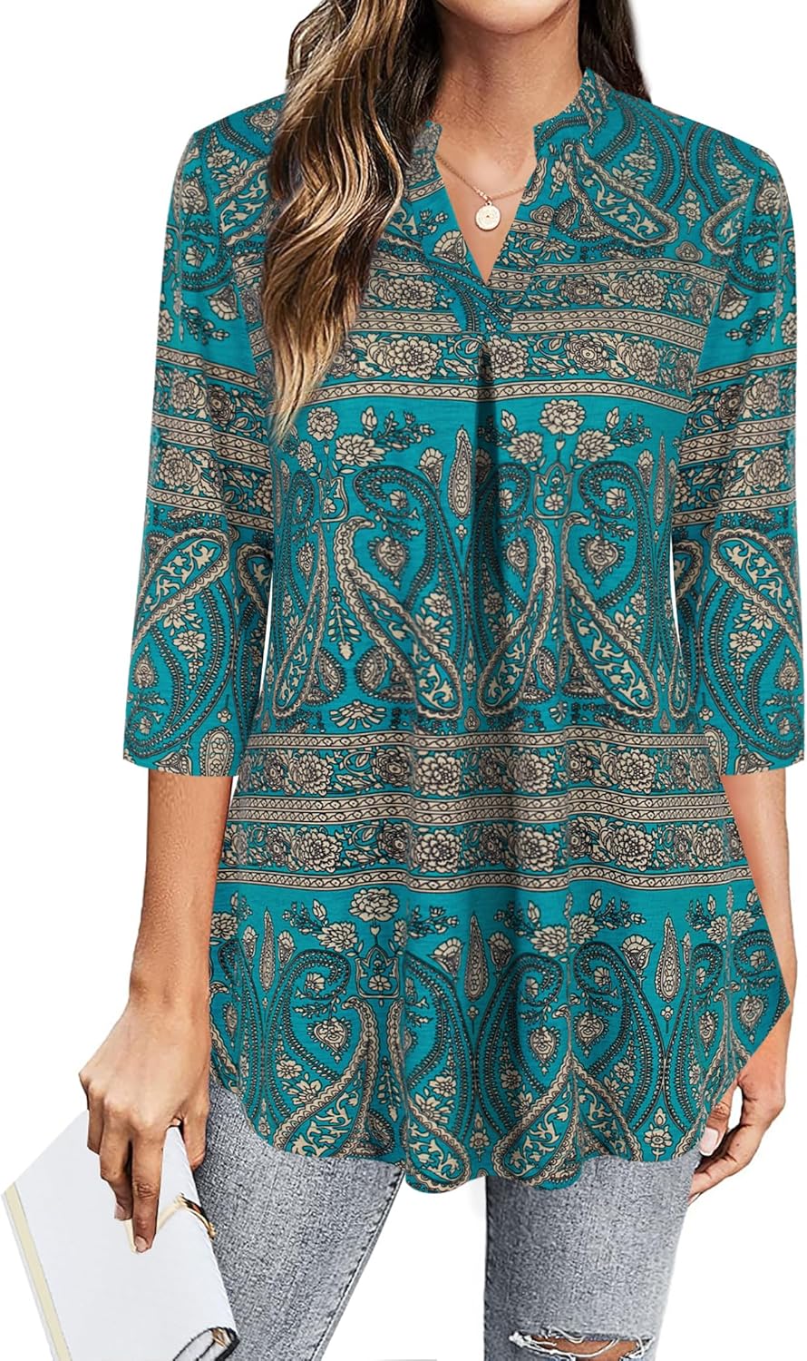 BEPEI Womens Tops Dressy Casual 3/4 Sleeve Blouses V Neck Business Work Shirts