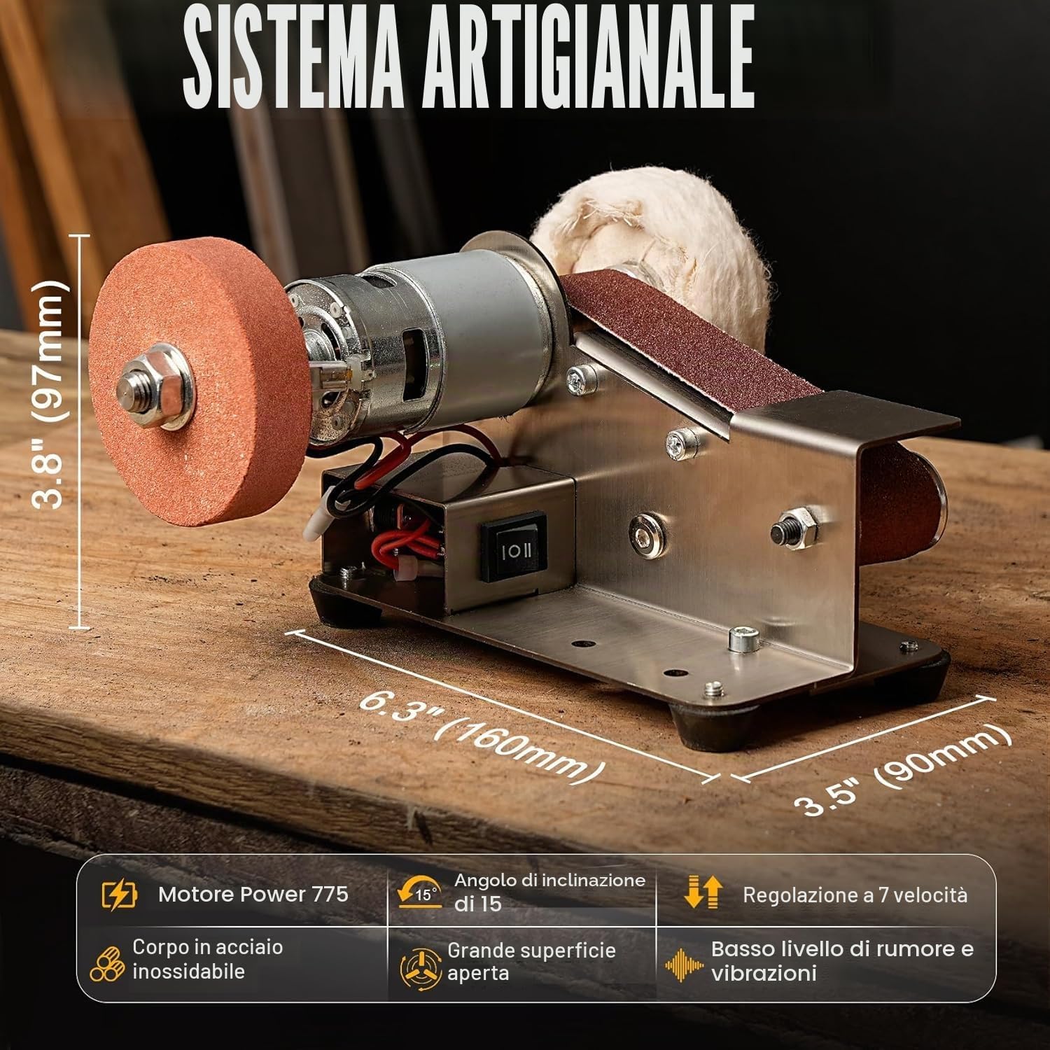 Levigatrici a nastro Lucidatura metallo, legno, mestieri; affilatura utensili e coltelli | 7 velocità regolabili,Facile da trasportare,Basso rumore