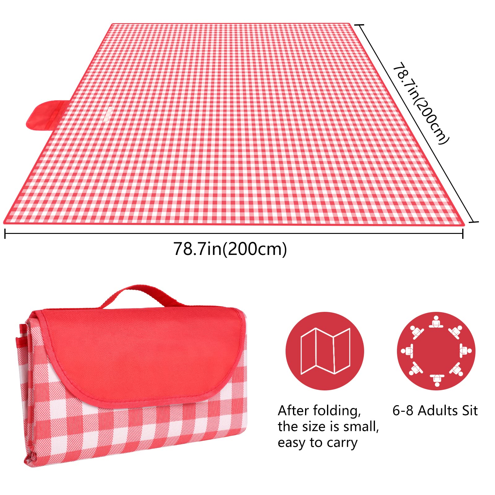 Eucomir Coperta da Picnic Portatile 200 x 200 CM, Impermeabile Pieghevole con Manico,per Outdoor Giardino Campeggio,Rosso e Bianco