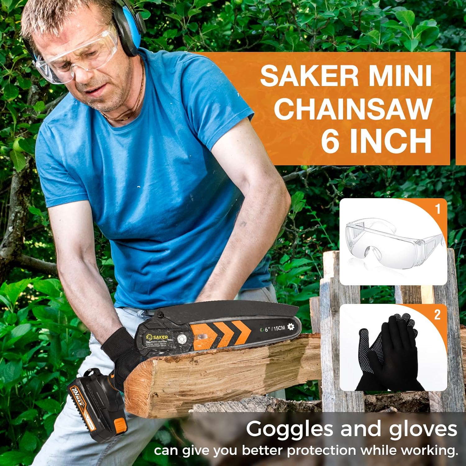 Saker Mini Chainsaw,6 Inch Portable Electric Chainsaw Cordless, Small Handheld Chain saw for Tree Branches,Courtyard, Household and Garden(SK1806D-O) - Image 8