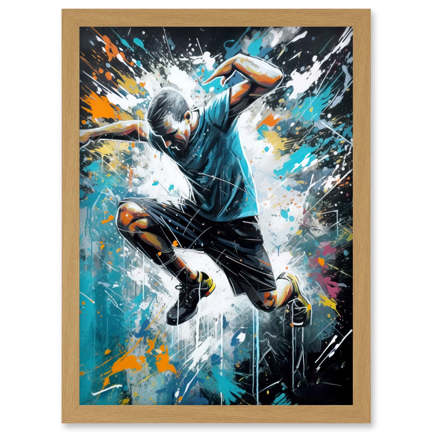 Artery8 Man Doing Parkour Jump Pose Paint Splat Portrait Artwork Framed Wall Art Print A4
