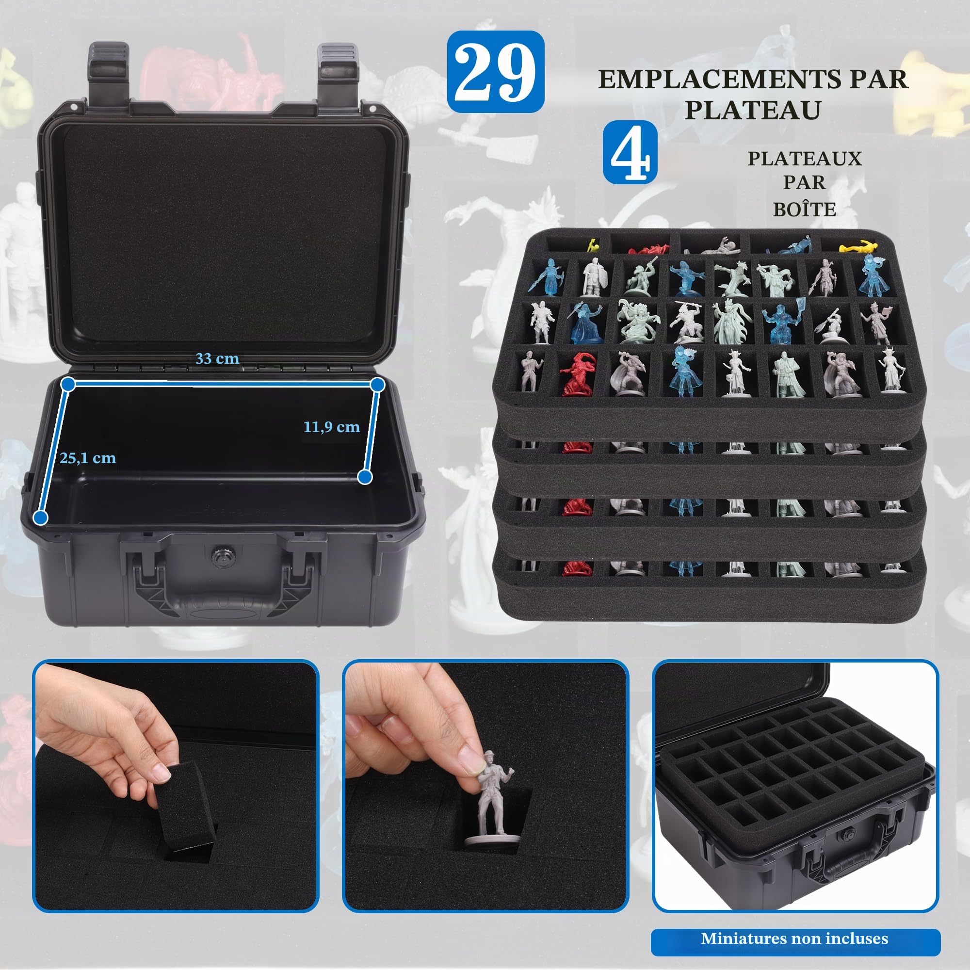 Coffre de transport robuste pour figurines miniatures, étui de transport pour 116 figurines avec 4 inserts en mousse, compatible avec Warhammer 40k, Dungeons & Dragons miniatures