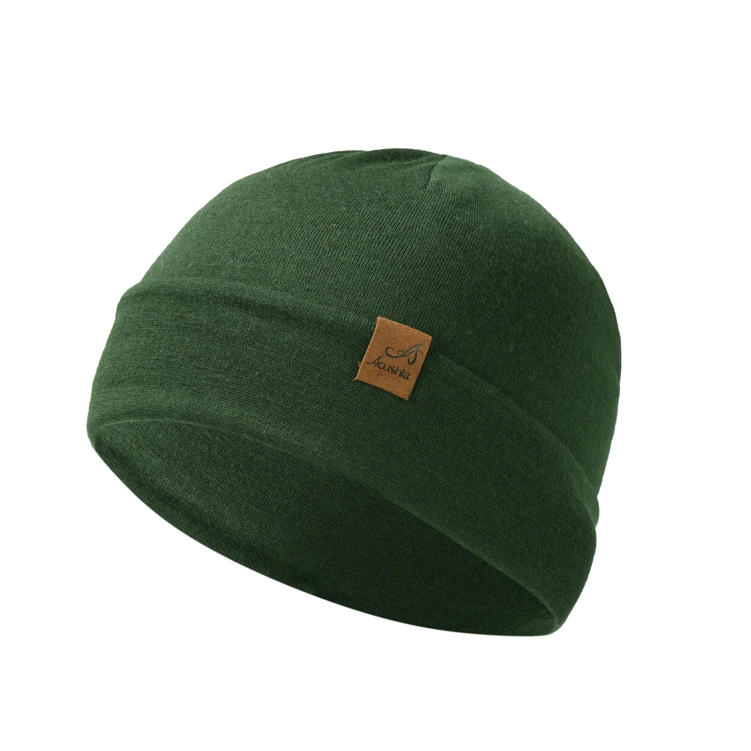 Acushla Unisex Green 100% Merino Wool Cuff Beanie For Men & Women Knitted Winter Hat Watch Cap Skull Wrap For Cold Weather