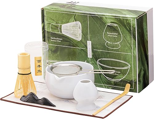 UBTKEY Juego de batidor y tazón japonés de matcha, juego de té Matcha de 7 piezas, incluye batidor de bambú, cuenco con boquilla de vertido, cuchara