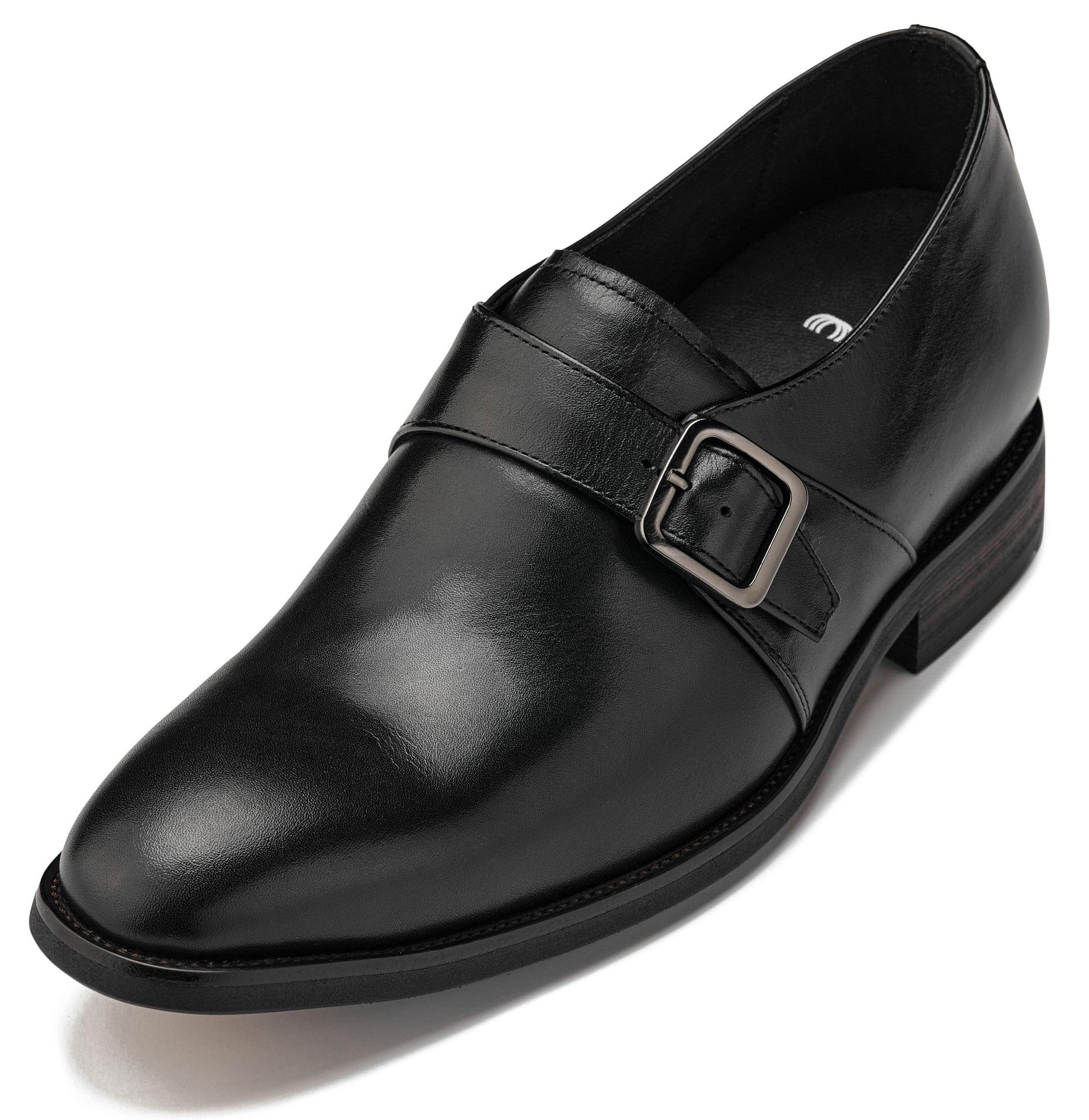 CALTO Men's Invisible Height Increasing Elevator Shoes - Black Leather Slip-on Monk-Strap Dress Loafers - 2.8 Inches Taller - Y7254 - Size 11 D(M) US