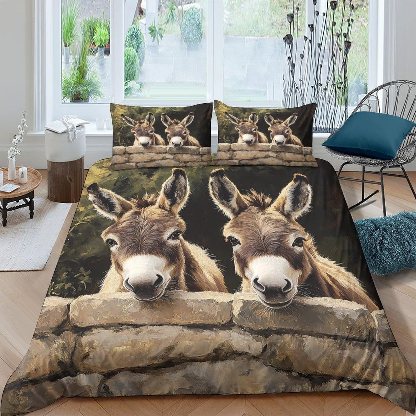 Ctjqhvkz Style-4 3D Printed Donkey Animal Fitted Sheet Microfiber Soft Brown Cartoon Stone Wall Mattress Cover Bedroom Decor Easy Care Single（135X200cm）