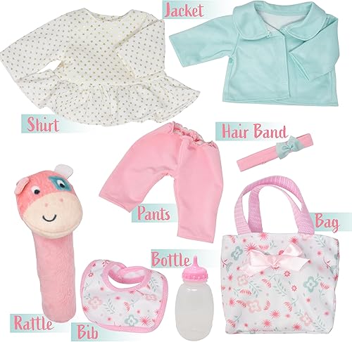 Miniatura 5 de Muñeca de bebé de cuerpo suave con juego de accesorios, muñeca de 14 pulgadas con ropa de botella, bolsa de pañales de sonajero y babero para niñas