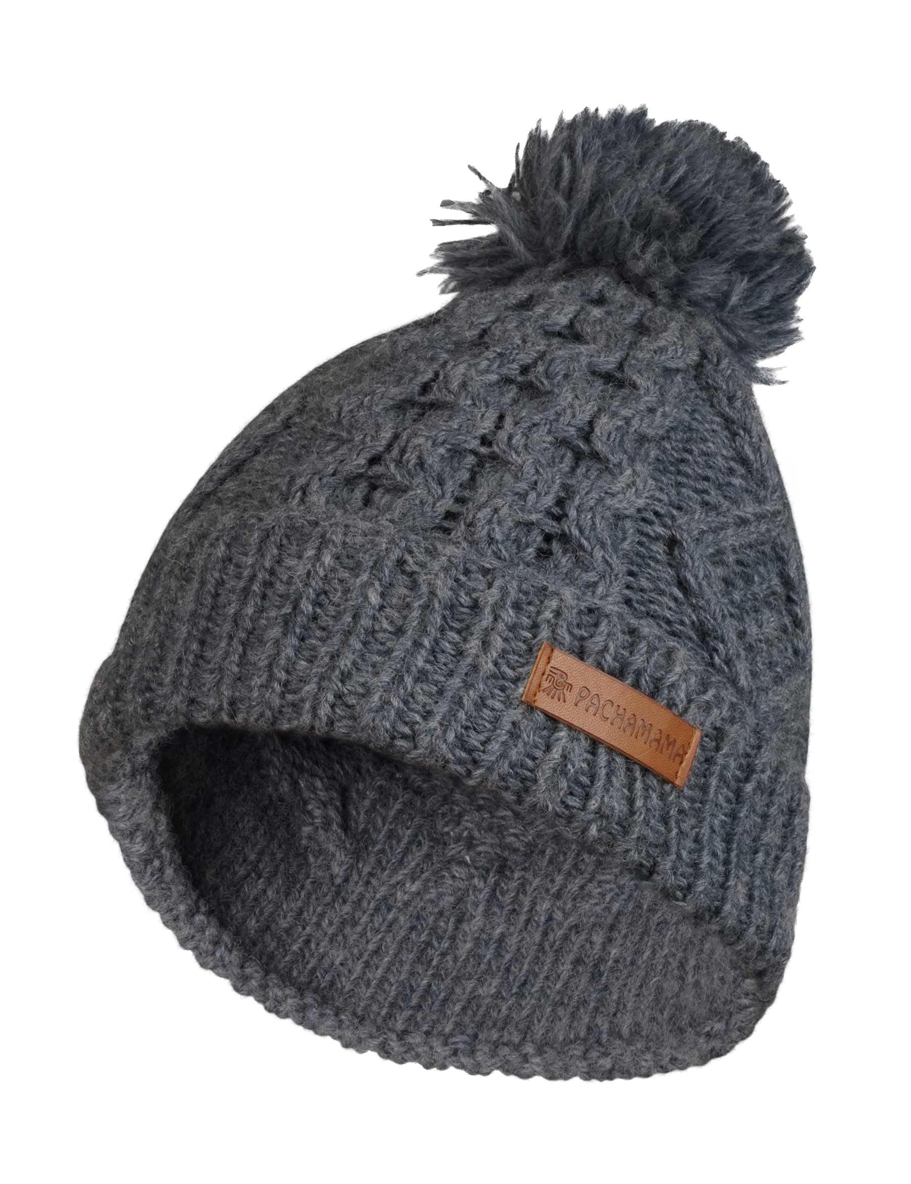 Pachamama Women 100% Pure Fine Merino Wool Beanie Bobble Hat Handknitted Cable Pattern Plain One-Size Handmade Soft Warm Breathable Moisture Wicking Fair Trade (UK, Alpha, One Size, Slate Blue)