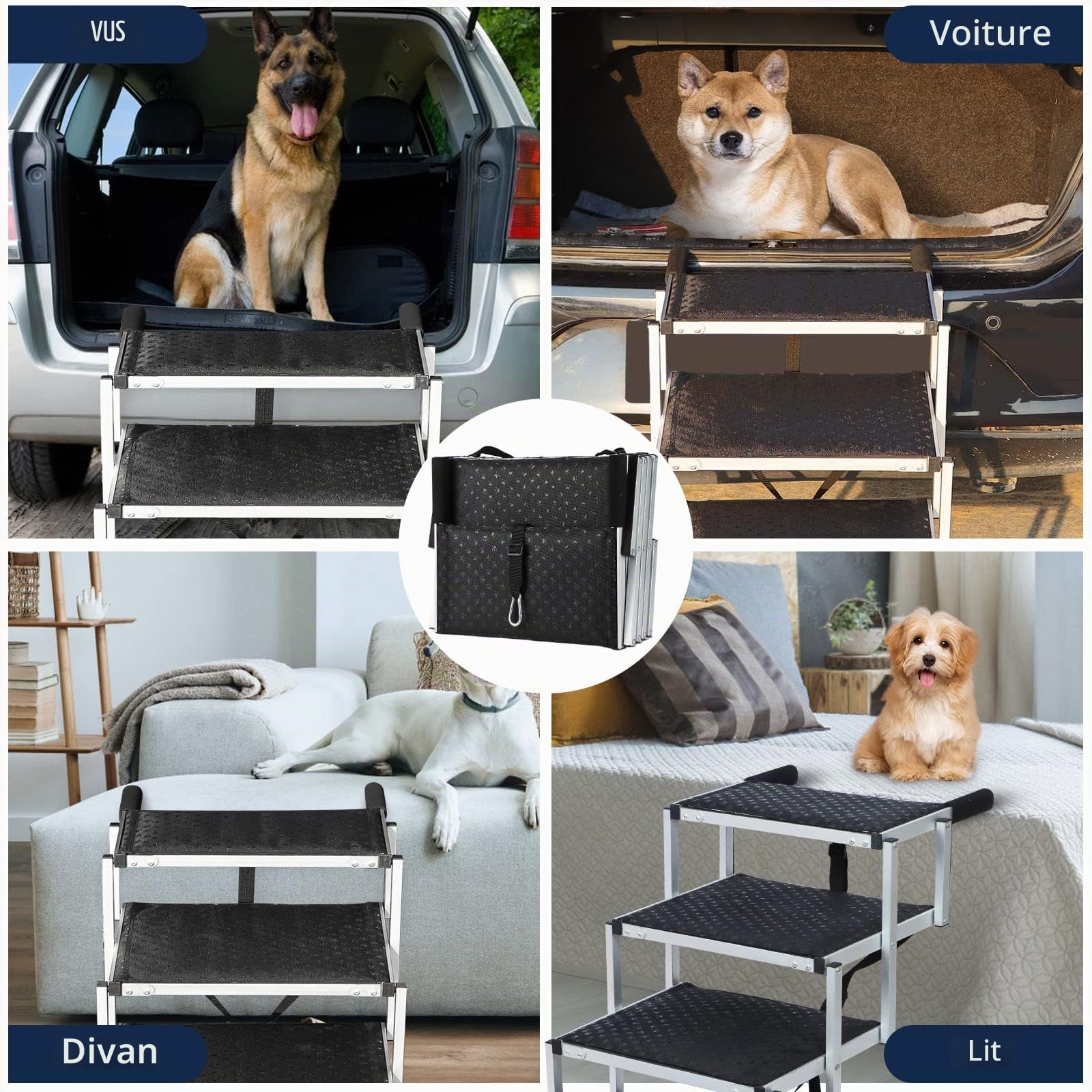 Extra Wide Foldable Dog Car Steps for Large Dogs, Portable Folding Pet Stair Ramp with Non-Slip Rug Surface，Lightweight Dog Ramps for Cars and SUV,Truck, Dog Car Stairs for Large Dogs Up to 115kg