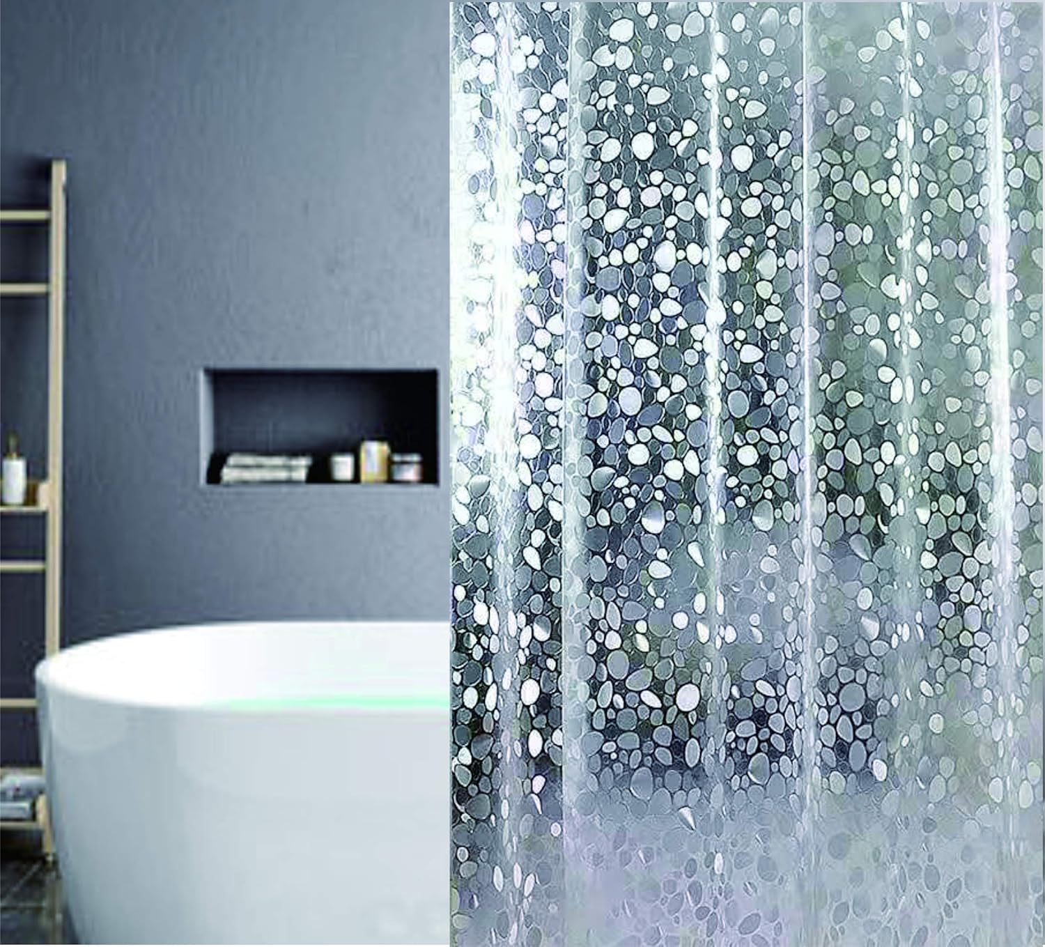 SUJAYU EVA Shower Curtain Liner with 12 Hooks, 72x72 Inch 3D Pebble Semi-Transparent, Odorless Non-Toxic for Stall & Tub