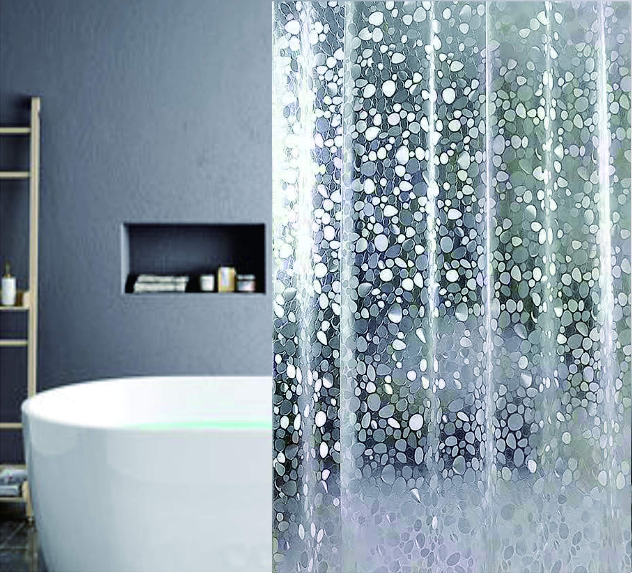 EVA Shower Curtain Liner with 12 Plastic Hooks, 72x72 Inch for Shower Stall & Bathtubs, 3D Pebble Bathroom Curtains, Odorless & Non Toxic, Semi-Transparent