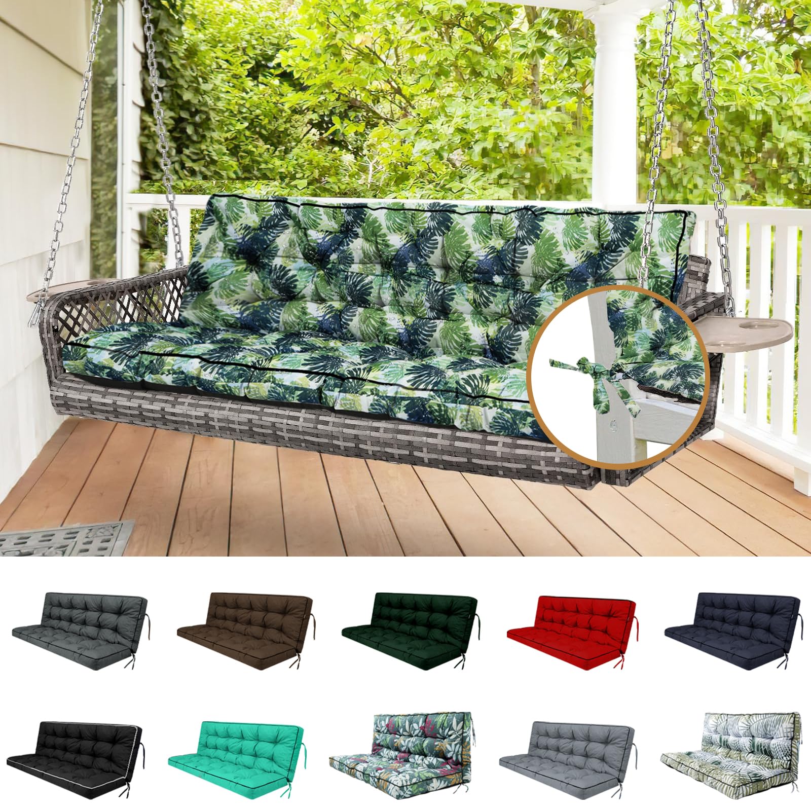 YQNUCO Outdoor Swing Cushions, Waterproof Porch Swing Cushions 3 Seater Replacement with Backrest, 4" Thicken Bench Cushion with Ties for Backyard,