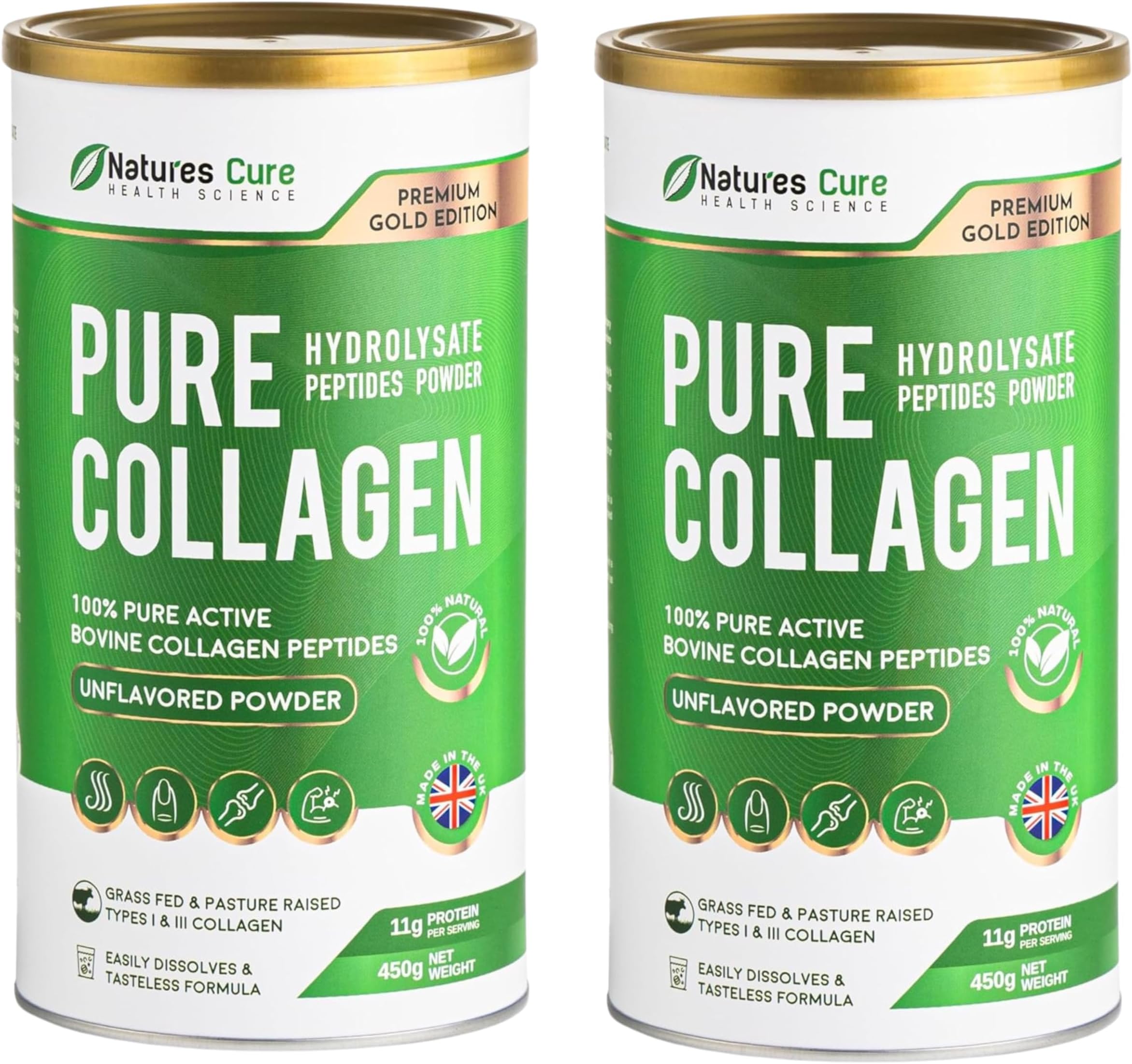 Bovine Hydrolysed Collagen Protein Peptides Powder Food Suplement Unflavoured Kosher and Halal Certefied from Bovine Hides (2X 450gr Cans)