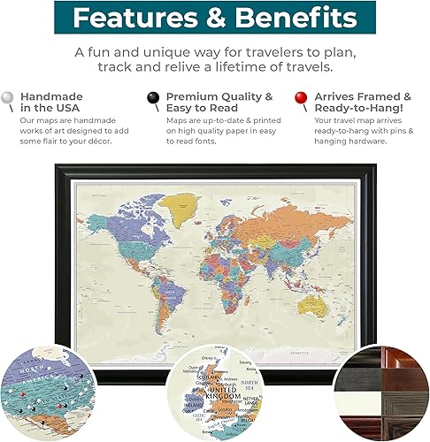 Vista 11 de Lienzo - Mapa de viaje personalizado Tan Oceans World Push Pin con marco negro
