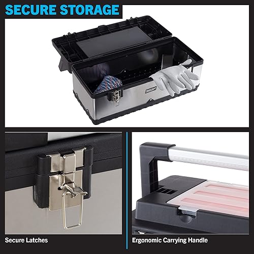 Miniatura 5 de Caja de herramientas portátil, caja de herramientas de 22 pulgadas, caja de herramientas de plástico resistente y metal de acero inoxidable con