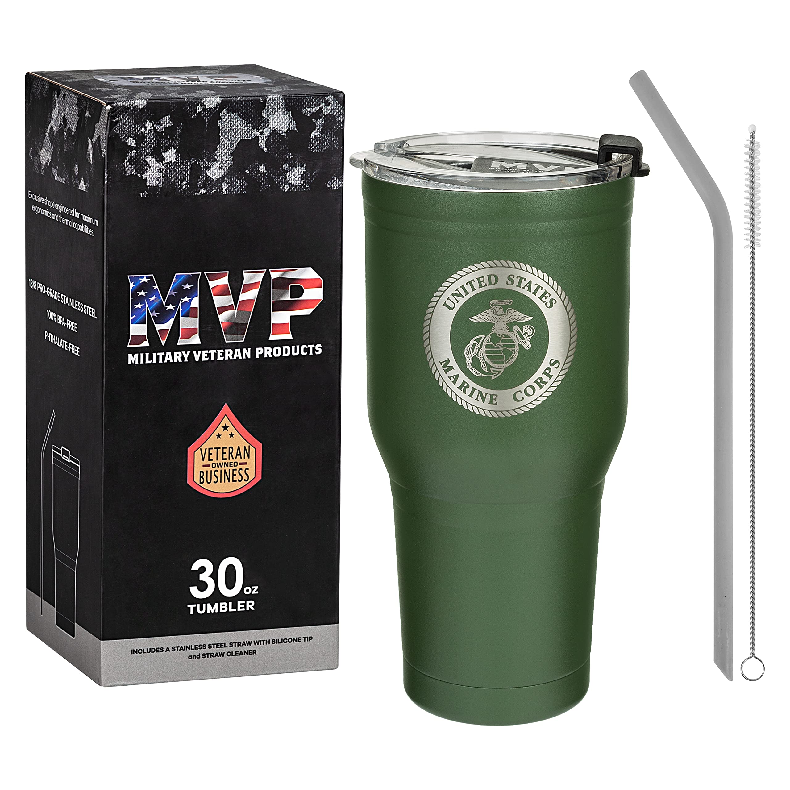 USMC 30oz Tumbler - Double Wall Insulated Marine Corps Coffee Mug, OD Green, Vet Owned