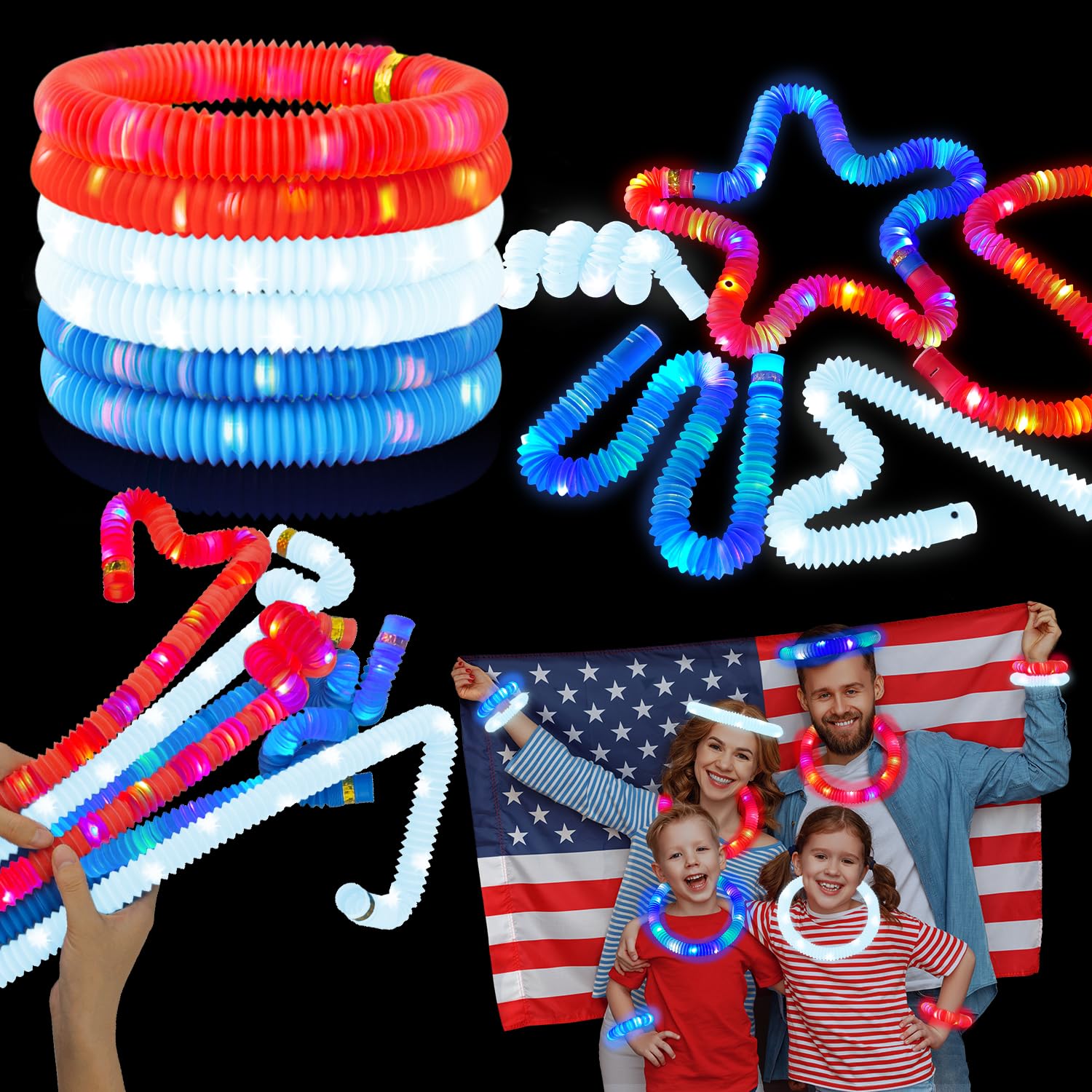 Red White Blue Glow Sticks 6 PCS, American Usa Flag Accessories Light up Bracelets Necklaces for Kids, Patriotic Decorations Party Favors Supplies