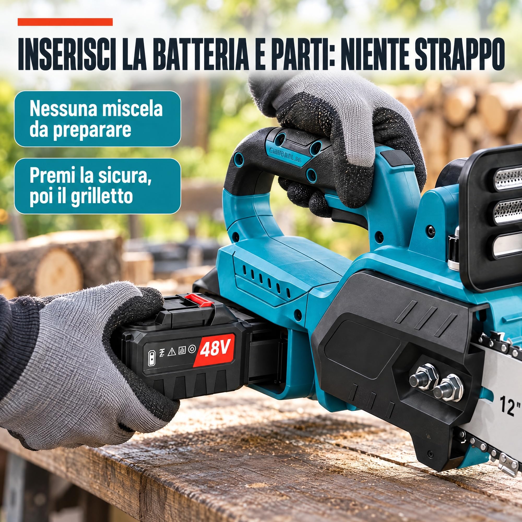 Motosega a Batteria Brushless 1500W con 2 Batterie 48V, Barra 30 cm