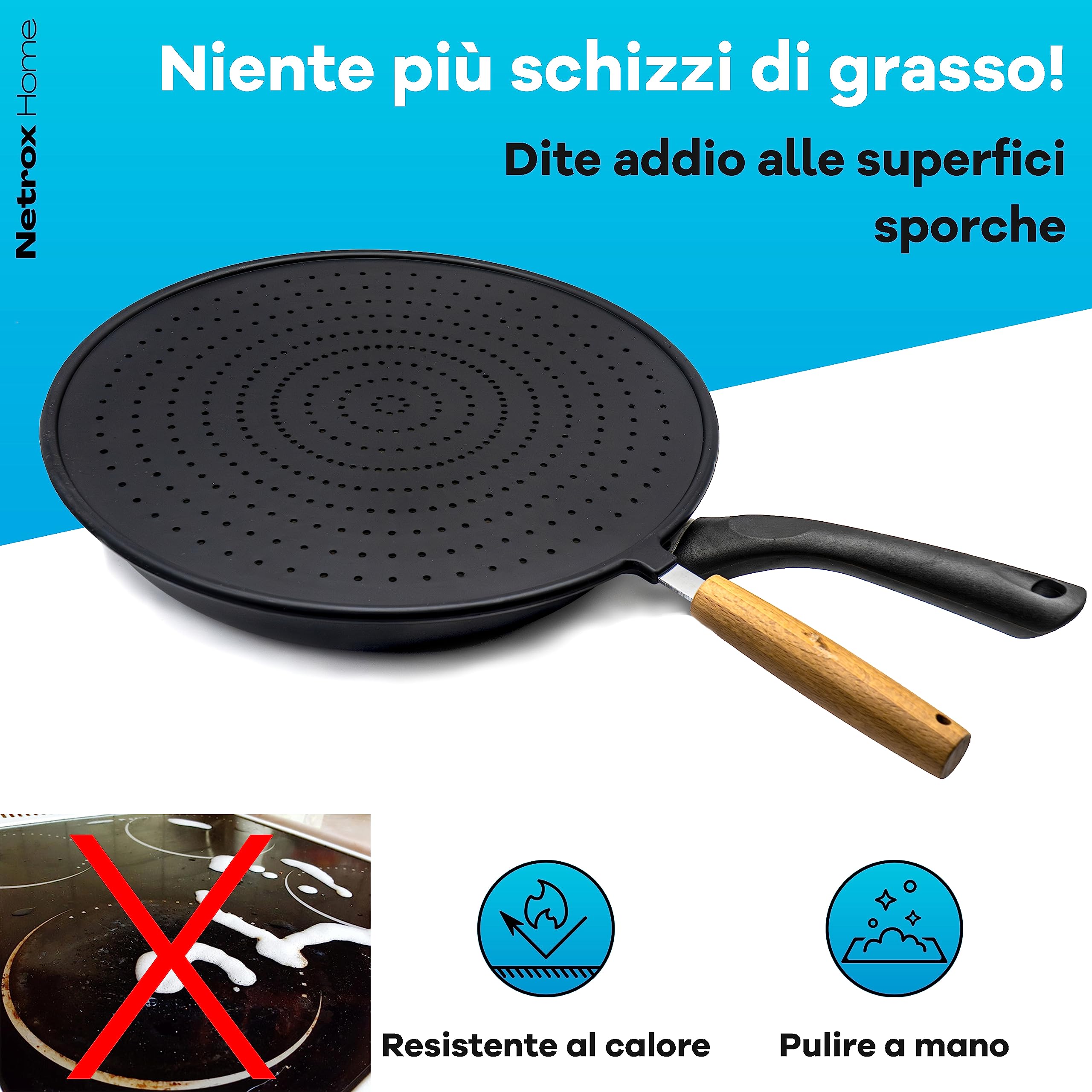 Netrox - Paraschizzi Cucina in Silicone per Padella - Resistente al Calore, Lavabile, Sicuro per Alimenti - Coperchio Universale per Frittura fino a 30 cm - Paraspruzzi Universali Pentola